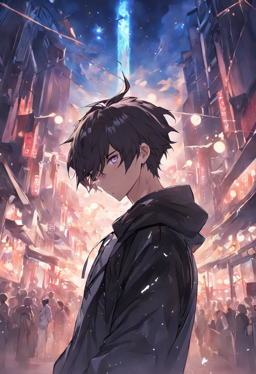 masterpiece、Adults、30Uncle of the Generation、twinks、forehead、30-years old、A dark-haired、Black jacket、Black pants、white t-shirts、Give bangs、Sticking out your forehead、twinks、Eyes drawn in detail、a handsome、Inside the city、starrysky、Mystical light、Dramatic light、Cinematic power