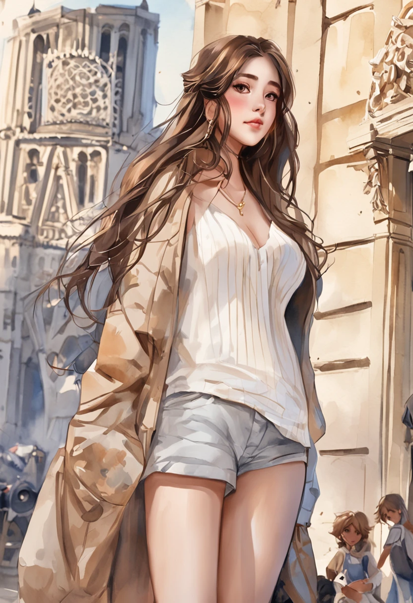 (8K、top-quality、masterpiece:1.2)、 (realisitic、Photorealsitic:1.37)、 ultra-detailliert、DJ Soda、 1 girl in、full body Esbian、Wearing a turtleneck sweater and skinny jeans、Stand in the streets of Paris with the Arc de Triomphe in the background、 cute little、独奏、 Beautiful detailed sky、 (A smile:1.15)、(Mouth closed)、 tiny chest、 beatiful detailed eyes、 (length hair:1.2)、 Floating Hair Novafrog Style、
