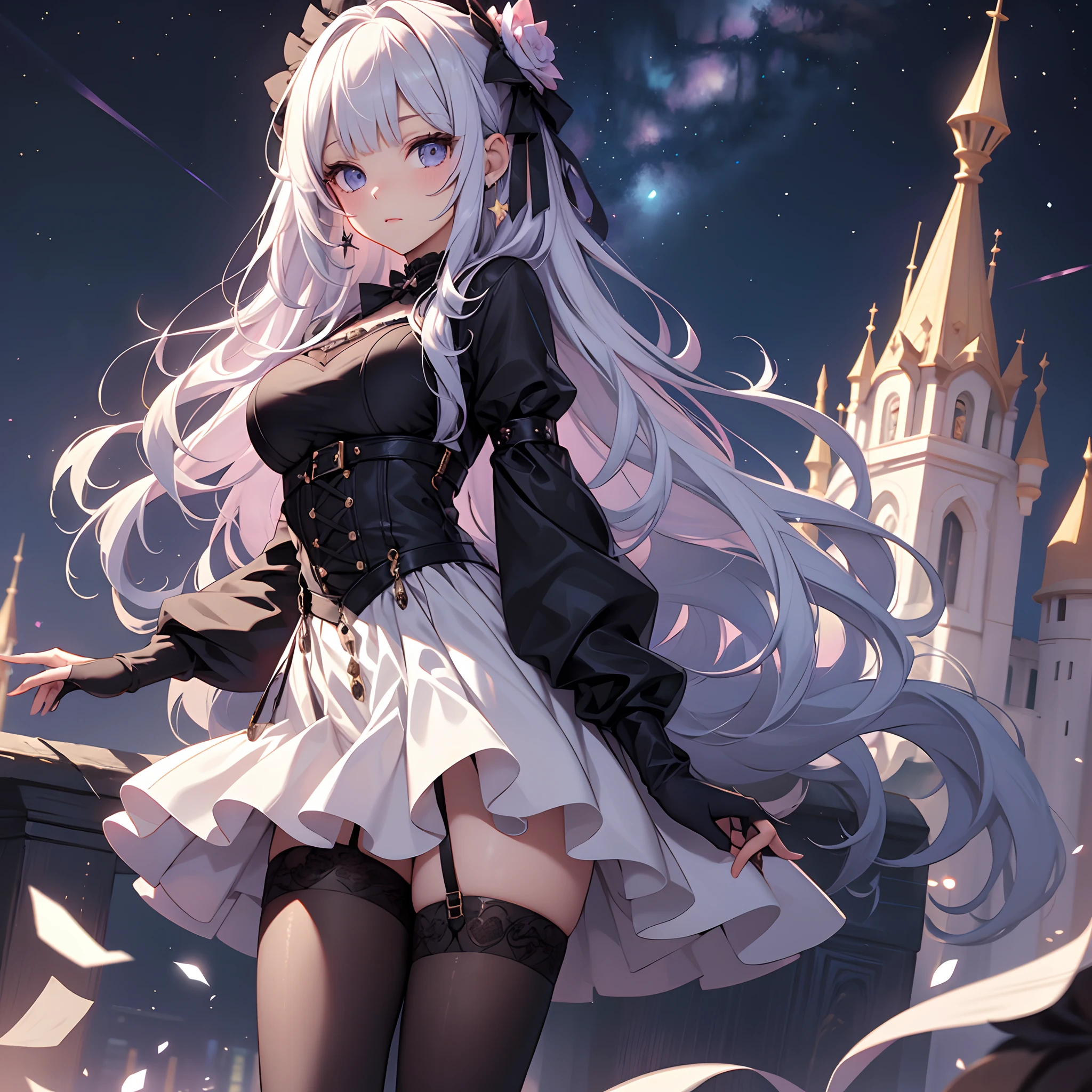 best qualityer，masterpiece，Ultimate resolution，downy，Extremely colorful，Colorful princess，Lolita dress，Black suspender stockings，starry sky，Bigchest, solo , 1 girl