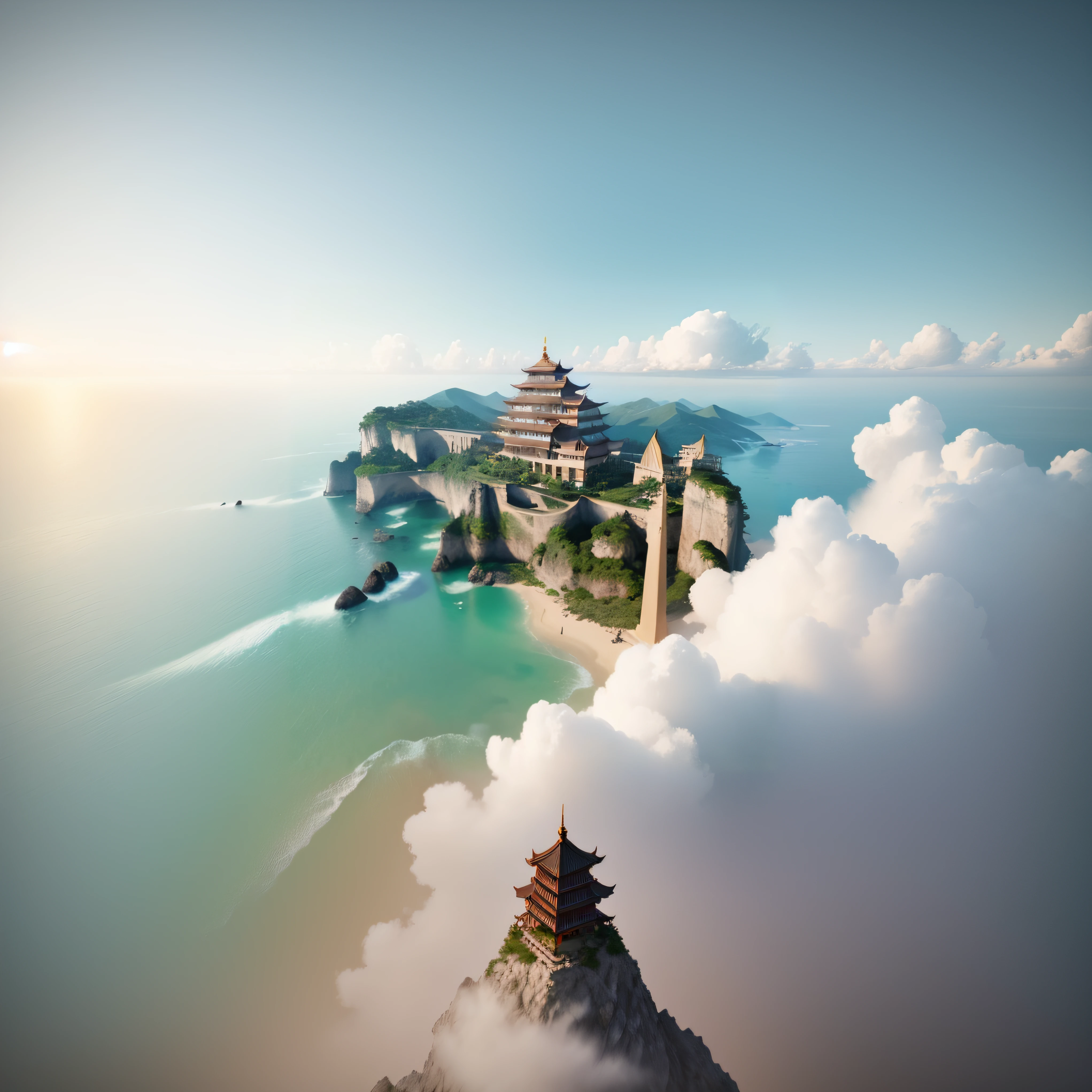Cliff pagoda view overlooking the sea, cyberpunk chinese ancient castle, Beautiful rendering of the Tang Dynasty, realistic fantasy rendering, 3 d render and matte painting, epic matte painting of an island, flying cloud castle, 3d rendered matte painting, extravagant matte painting, fantasy matte painting,Cute, high quality matte painting, matte painting in fantasy style