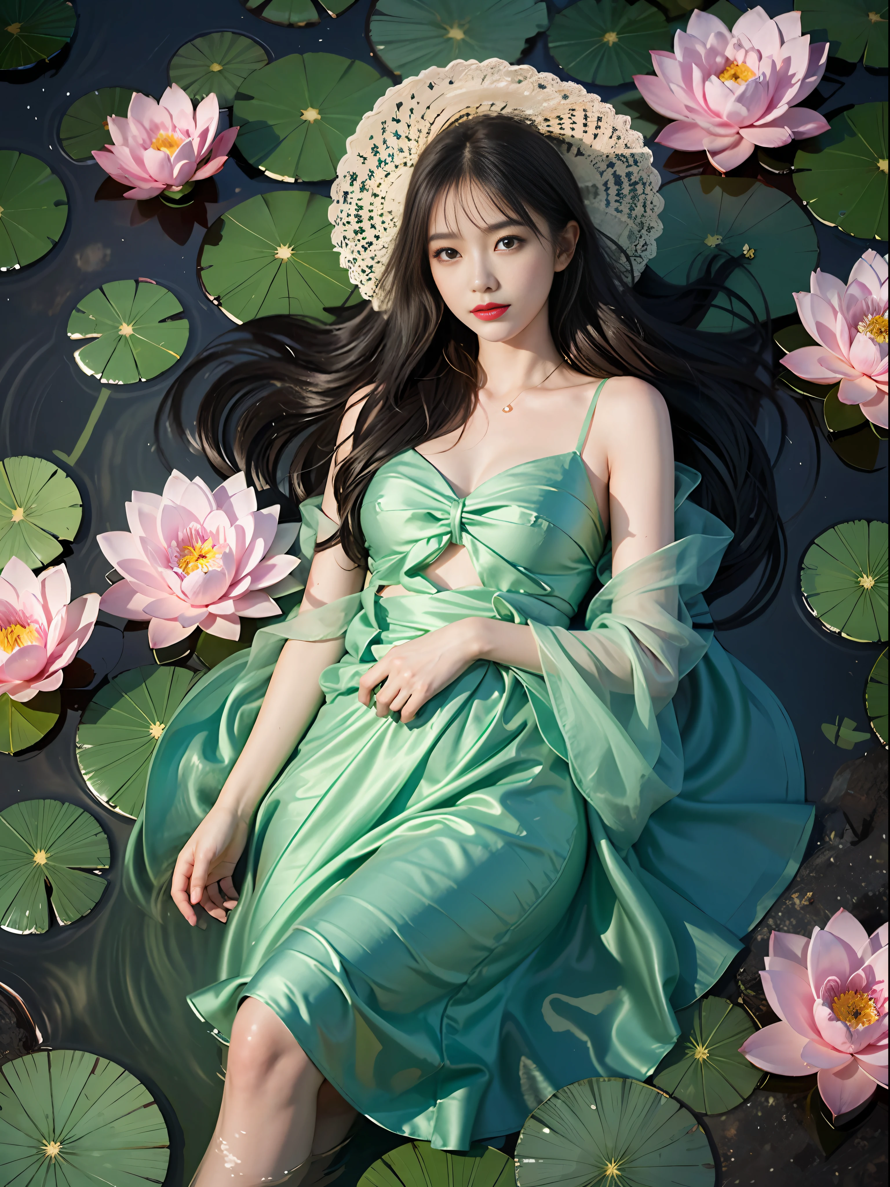 1 girl, wearing clothes made of rice dumpling leaves, lying on water lilies, sachet earrings, long legs exposed, silk shawl,