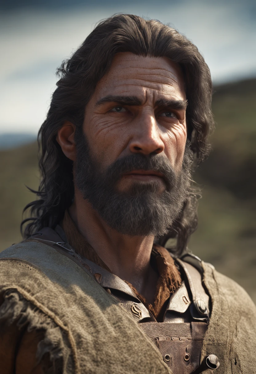 portrait figure from the dawn of time, accurate, long hair and beard, masculine, 8k
