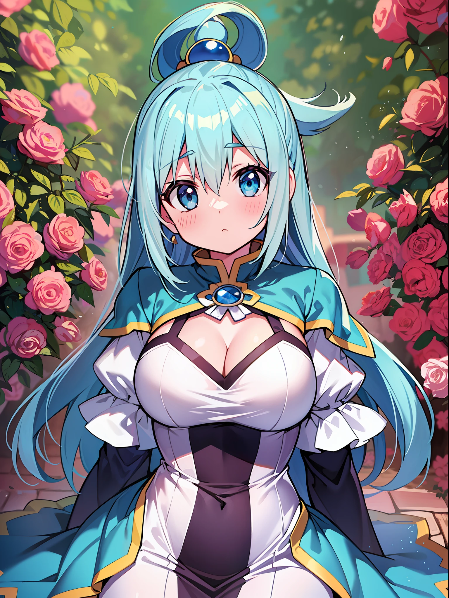 master part, Qualidade Superior, Uma mulher, aqua_konosuba, with pale light blue hair, vestido branco, Mangas, seios medios, clivagem, absolute area, Blue sky and meadow