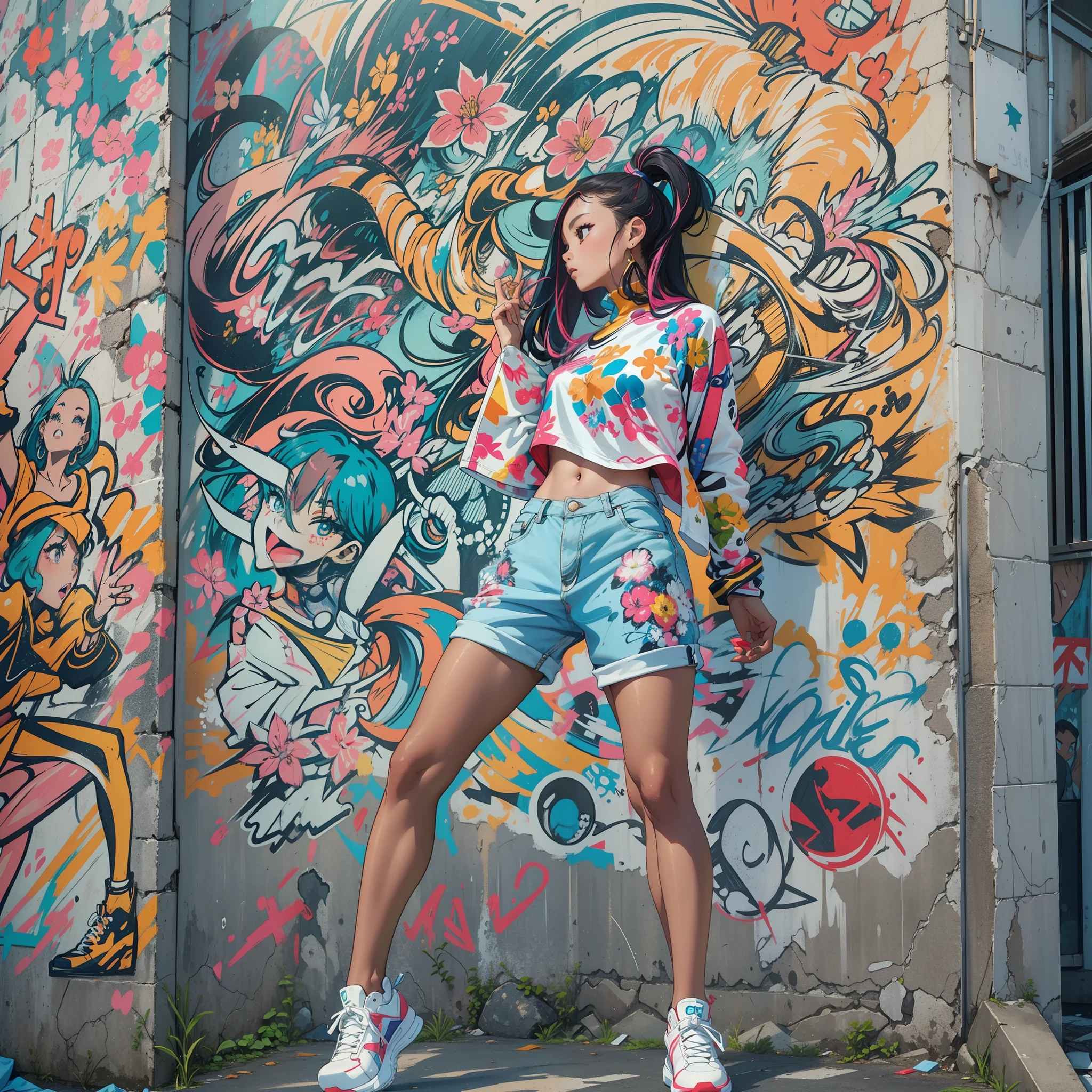 One girl shooting on the wall、(Super Detail)、(8K)、(SLR)、(modelshoot)、((Hip Hop Fashion))、(full body Esbian)、(Fashion of the 90s)、(Brilliant limbs)、(Delicately drawn figures)、、(Women's Fashion)、(Colorful and pop design)、(Around the back alley)、(Iconic art and posters of the 90s)、Female facial expressions、(the pose)、(Spirit of the times)