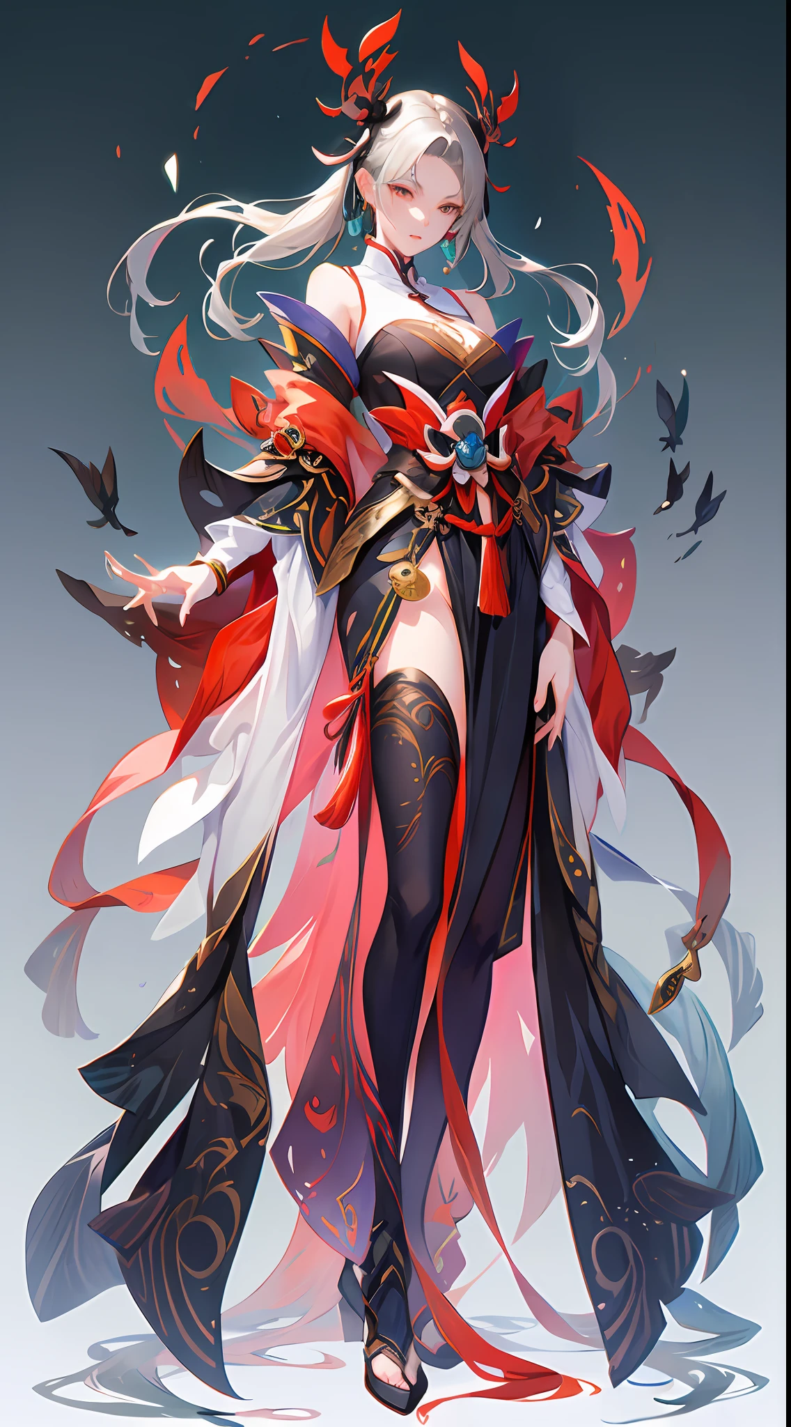 Game character, East Asian original art character design, 1girll, Solo, Gray-haired, full bodyesbian, hair adornments, Long hair, Gradient, Gradient background, jewelry, Bare shoulders, Thighs, Chinese clothing, nipple tassels, [:(Gradient background:1.5):40],Close-up of a woman in a red and black dress, Onmyoji detailed art, onmyoji, full-body xianxia,