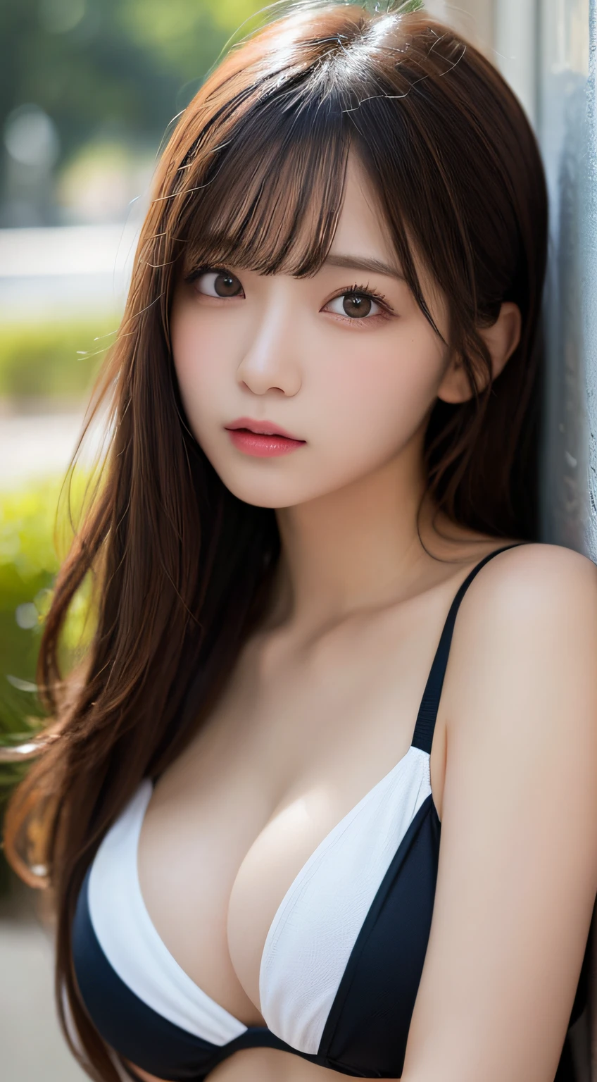 finely detail, hight resolution, hightquality、Perfect dynamic composition, Beautiful detailed eyes,poneyTail,Natural Color Lip,Kamimei、20 years girl、1 persons、Transparent skin、Glowing hair、masutepiece, Best Quality, Illustration, Ultra-detailed, finely detail, hight resolution, 8K、The correct state of the human body、randome pose、Gravure Model Pose，Hair soaring in the wind、Underwear,length hair,Big Tits，gigantic cleavage breasts, Red lace underwear,Bold sexy poses,Colossal tits、up of face