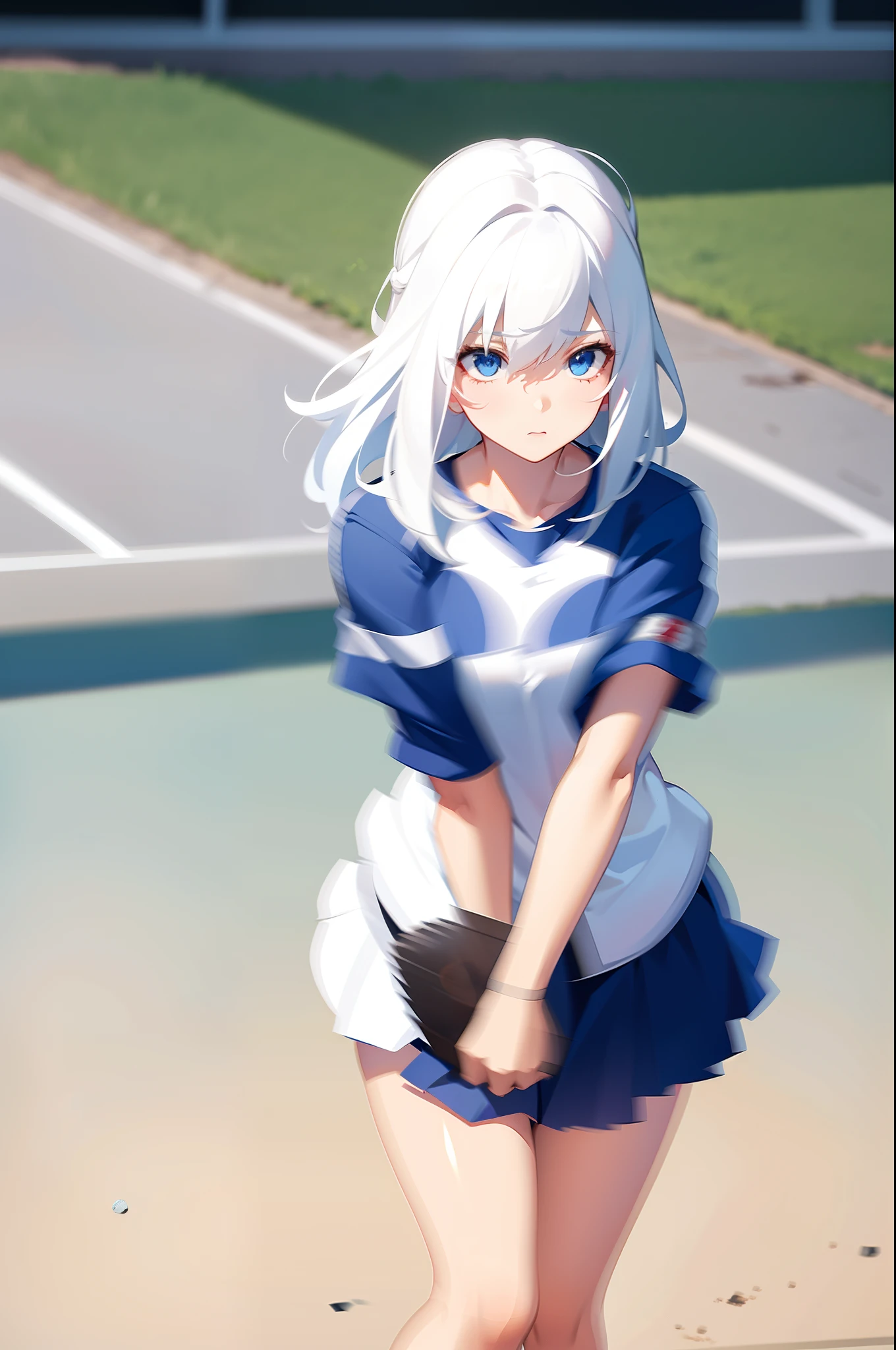 A girl,full bodyesbian,White hair,Blue eyes standing,,Shy,From above,((Motion blur)),Medium hair,Play baseball