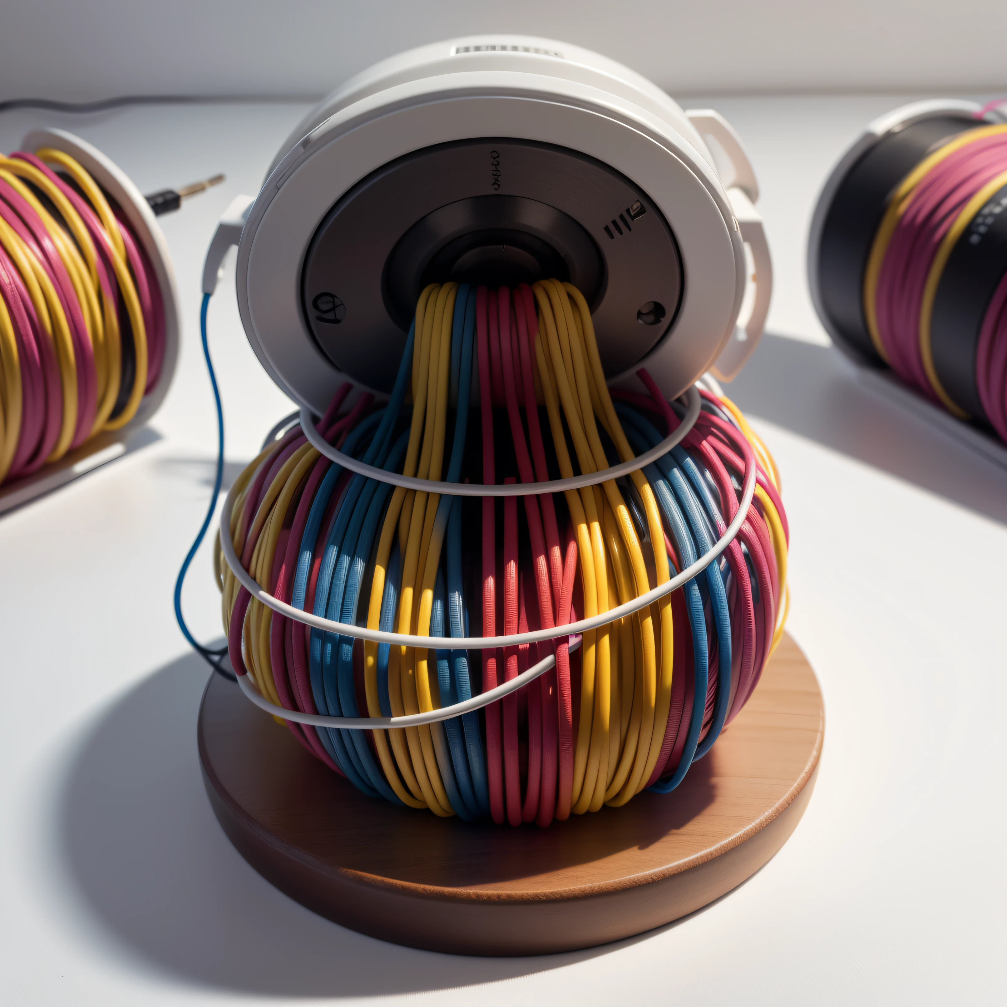 (macro shot:1.0) (plate, instead of spaghetti cooked colorful insulated wire:1), front view, (white background:1.3), table top light, hires photo