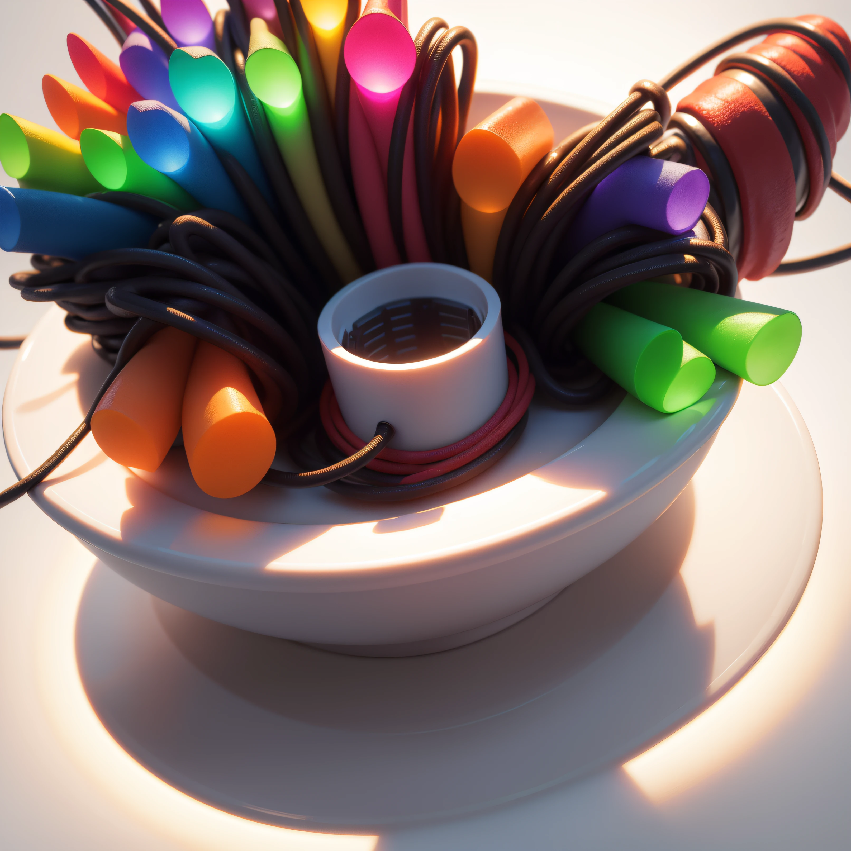 "(Macro shot:1.0) of a plate with a vibrant arrangement of cooked colorful insulated wires:1), taken from the front view, on a (white background:1.3), illuminated by table top lights, captured in high resolution."