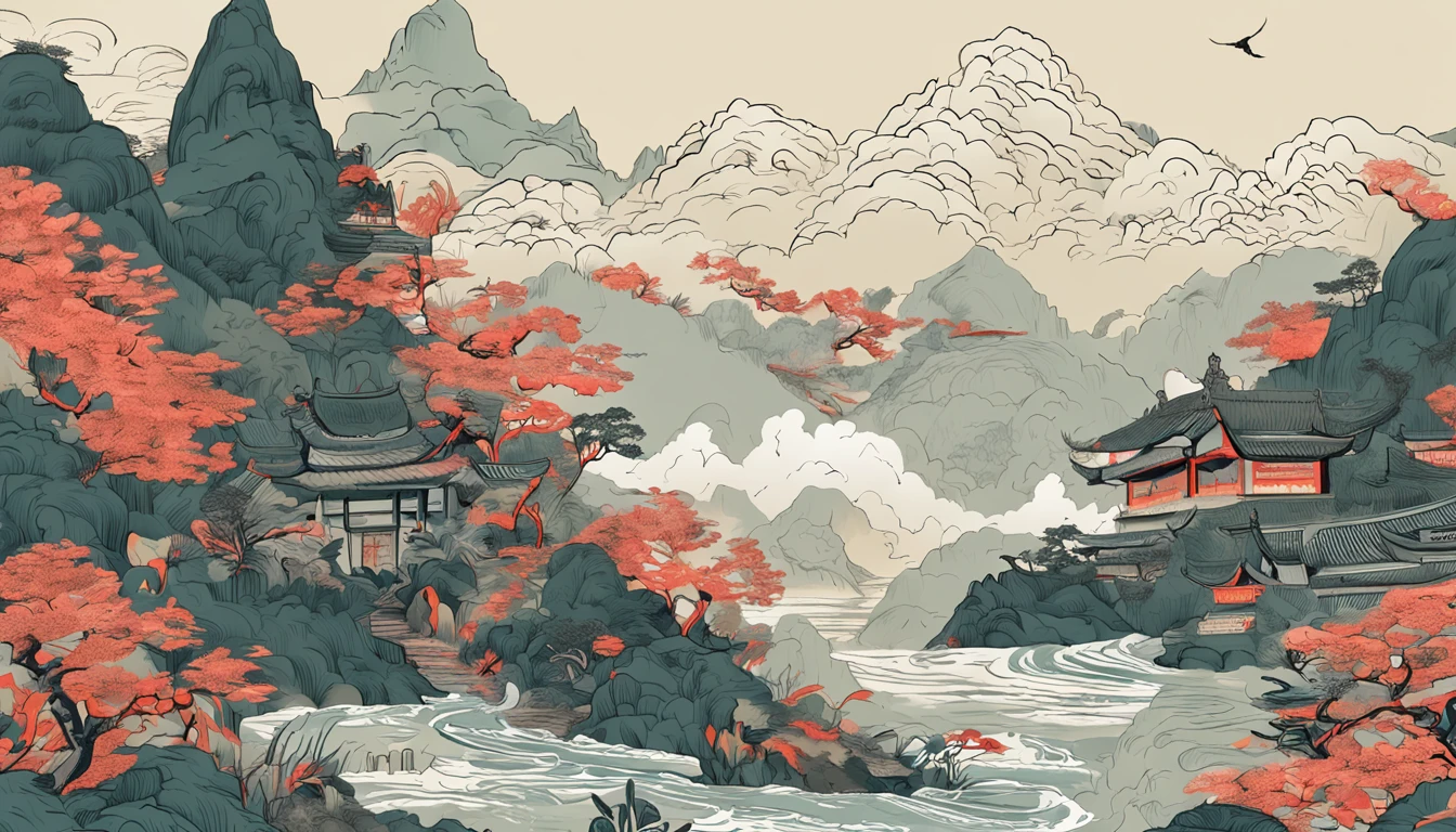 Mountain and Sea Lark Scroll，There are mountains and water in the picture，rios、grassy fields、Sun，Shirasawa、fenghuang、Green Dragon、Xuanwu and many other ancient divine beasts are haunted，Epic composition，shadowing，National style