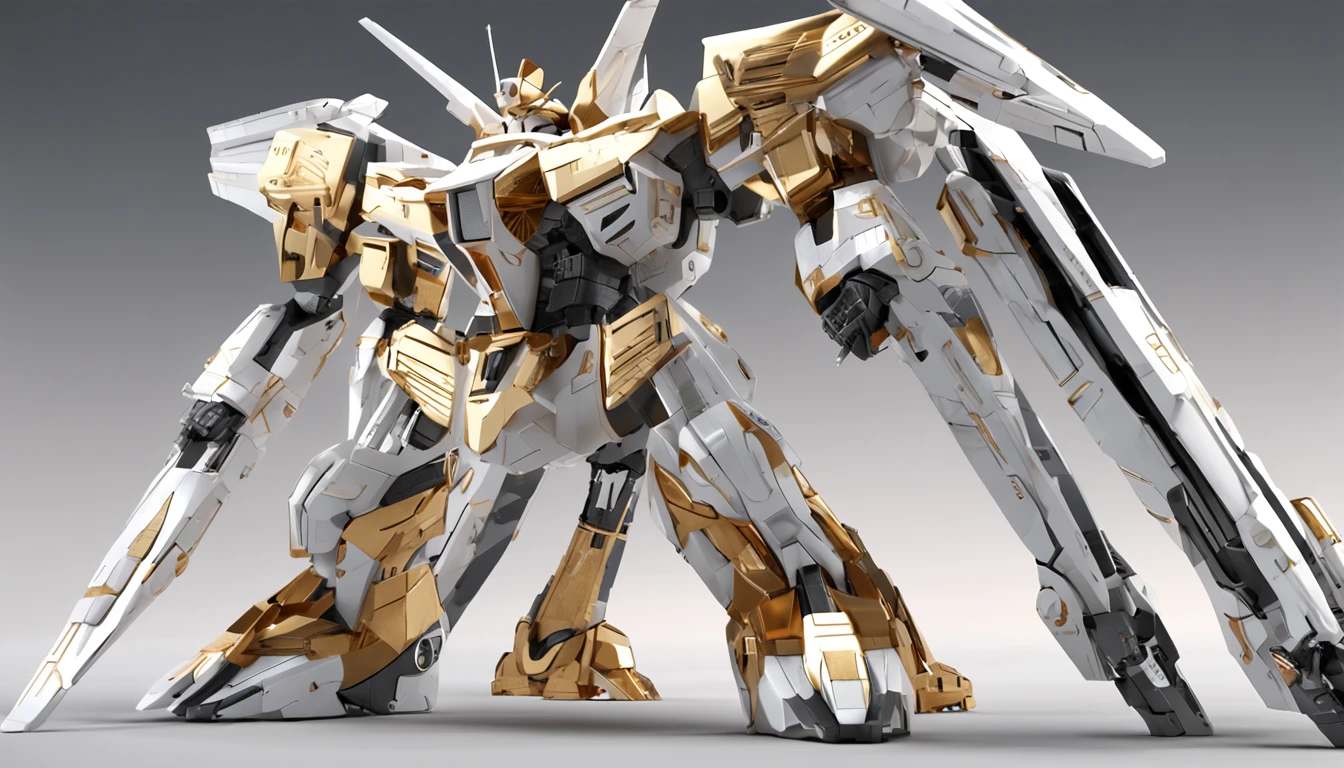 The picture shows the white and gold Gundam。, The style in the intersecting plane is highly realistic, grandeur of scale, Playful and complex, Glassy translucent, posing elegantly, super detailing, Maxon Cinema 4D, High detail, 32k --s 1000 --varnish --AR 9:16