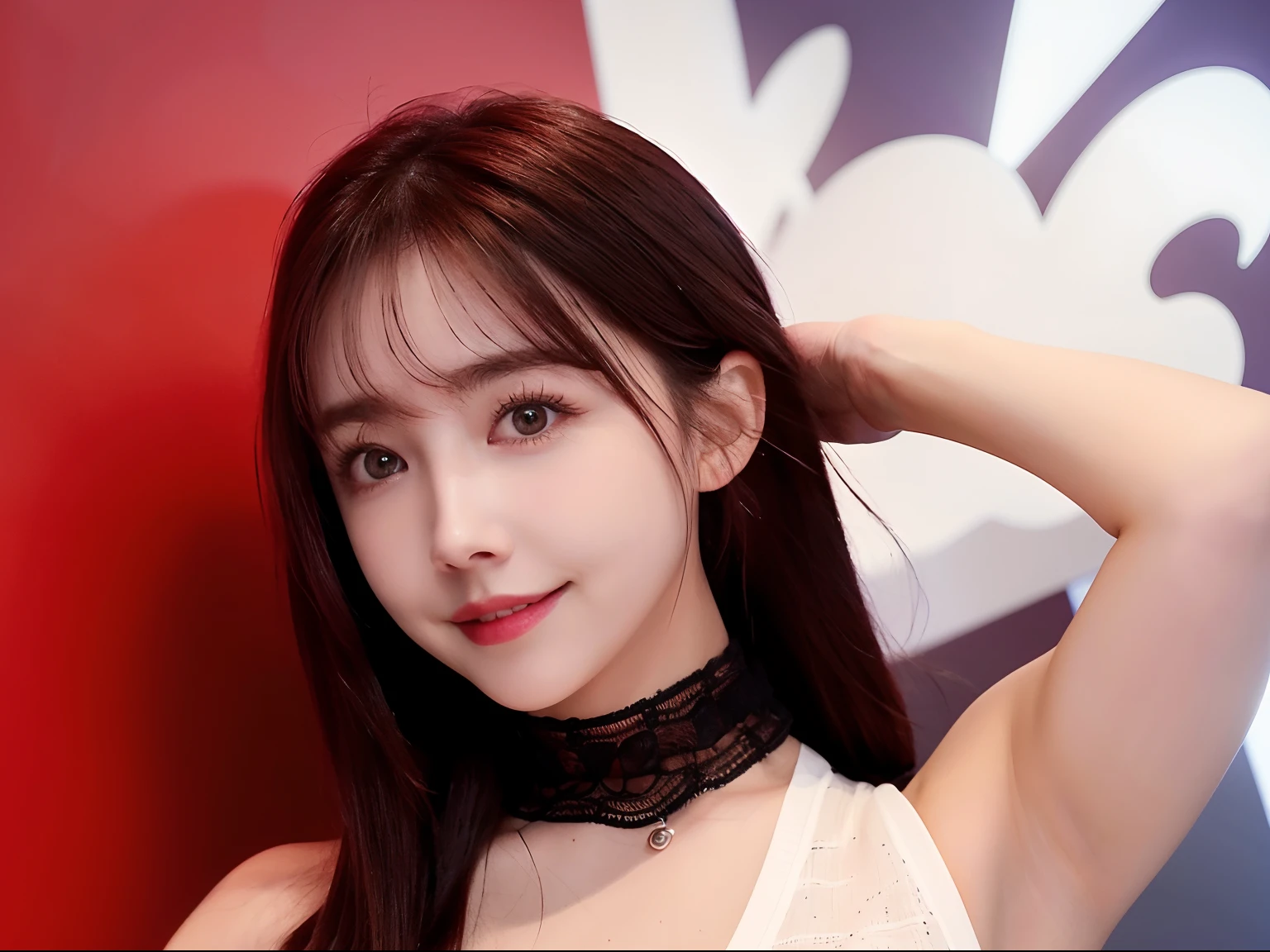 1 girlirl, Heart-shaped pupils, finger nails, White hair, Purple eyes, (Blush:1.1), choker necklace, Upper body, Trembling, Sweat, drops of sweat, Heart, (Medium breasts:0.6), Love, Heart, Crop top, cheerfulness, Smile, Lace, Bokeh, (freckle:0.8), Natural skin texture, Portrait, (Red_Background:1.3),