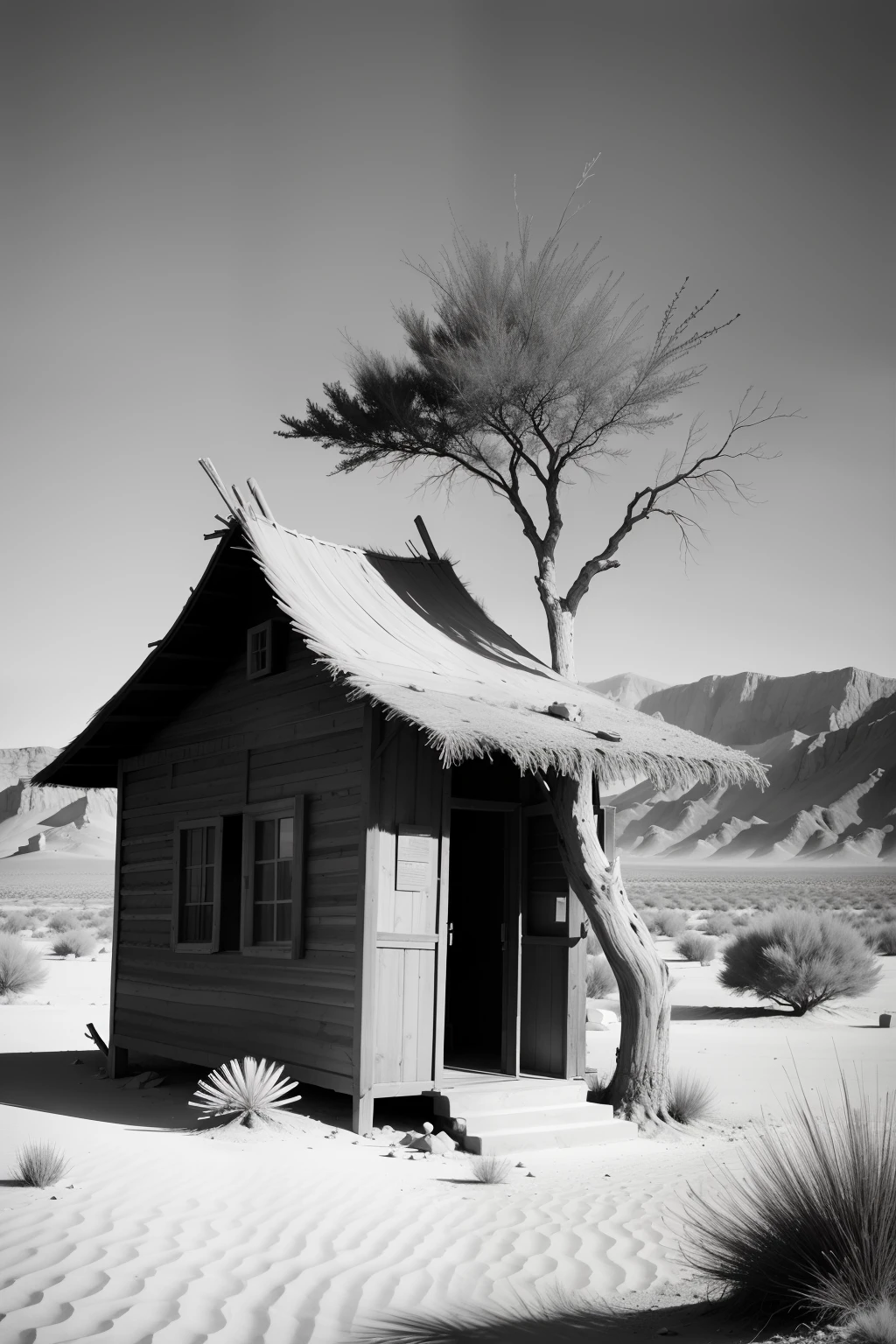Desert hut dead tree black and white