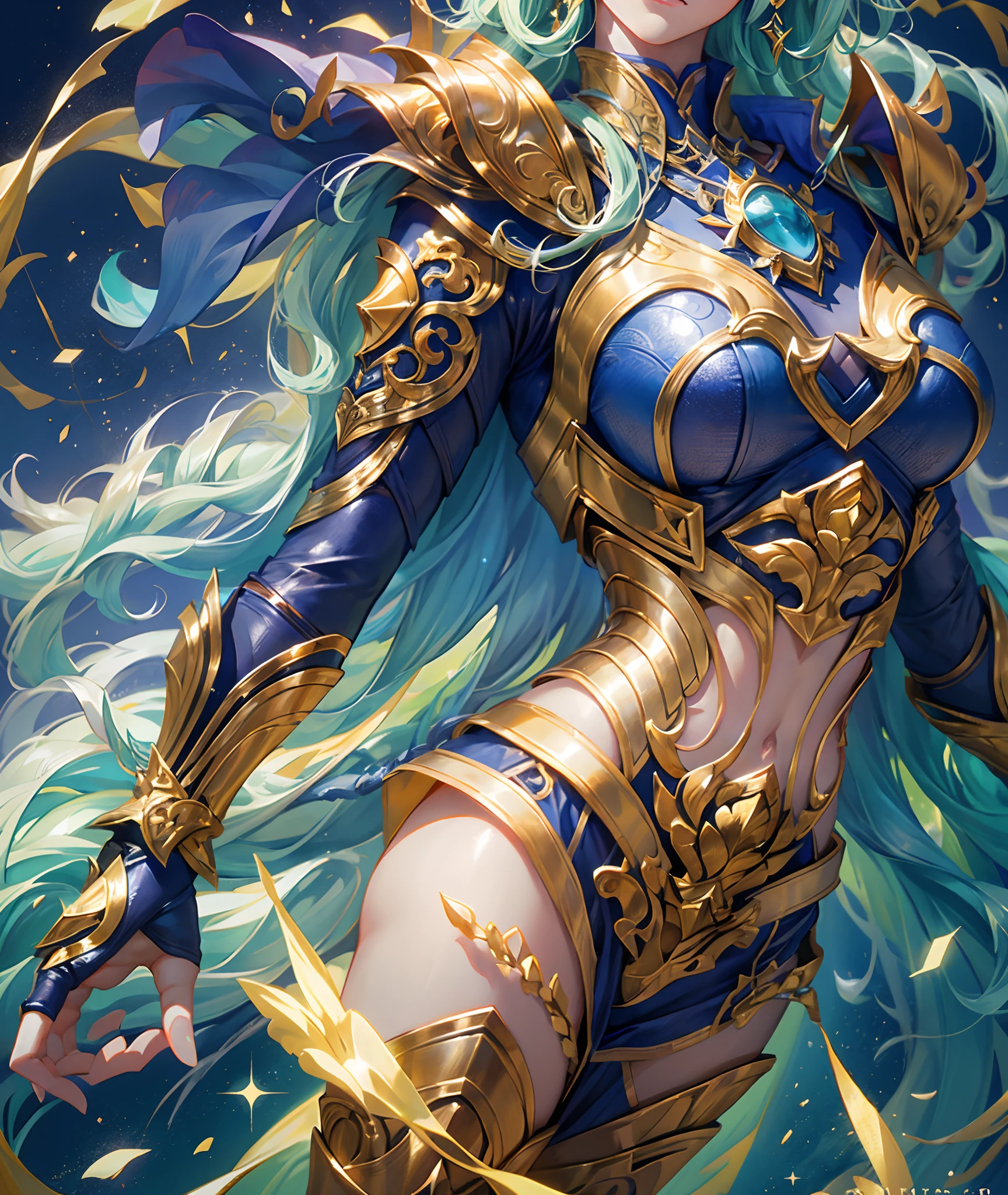 Ultra-high saturation，（tmasterpiece）， fully body photo，（best qualtiy）， （1girll）， starryskybackground，Wearing shiny gold armor， Sexy lingerie type armor，Expose your chest，Expose the waistline，Exposing thighs，cool-pose， Saint Seiya Armor， messy  hair，high detal, Anime style, Cinematic lighting, Sparkle, god light, Ray traching, filmgrain, hyper HD, textureskin, super detailing, Anatomical correct, A high resolution，Ultra-high saturation，hight contrast，High-gloss armor，Smooth skin，Serious expressions,Dark room,