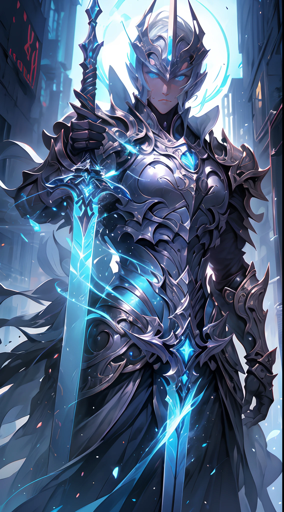 "An awesome paladin wields a sword full of light, Exudes powerful light magic. The setting is set in a dark and mysterious cityscape, Illuminated by the light of the Paladin's Sword. The composition is professionally crafted, Amazing attention to detail and cinematic lighting. The overall aesthetic is reminiscent of Fujifilm photography, Capture the beauty and depth of the scene."