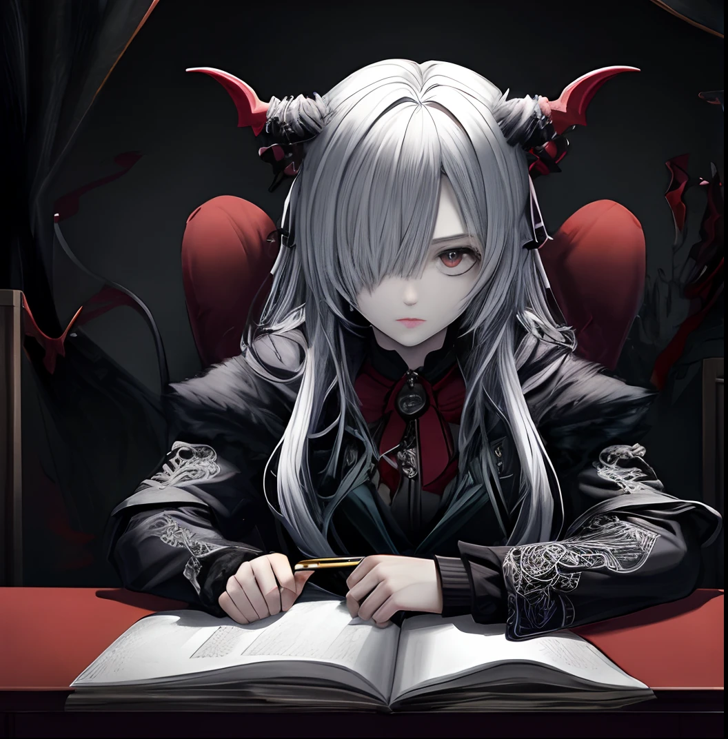 Horror backgrounds，Girls all over，Tomoe，Black Terror，The girl sits at the desk，Hand that pencil，There are a lot of monsters looking at her behind，Ashenhard style,Ultra-detailed,A high resolution,intricately details,(Best quality:1.2),(Masterpiece:1.2),Extremely detailed Cg Unity 8K wallpaper,illustration,Original,1girll,Solo,Cowboy shot,Vampire,bandage over one eye,White skin,double tails,Blood in the hair,