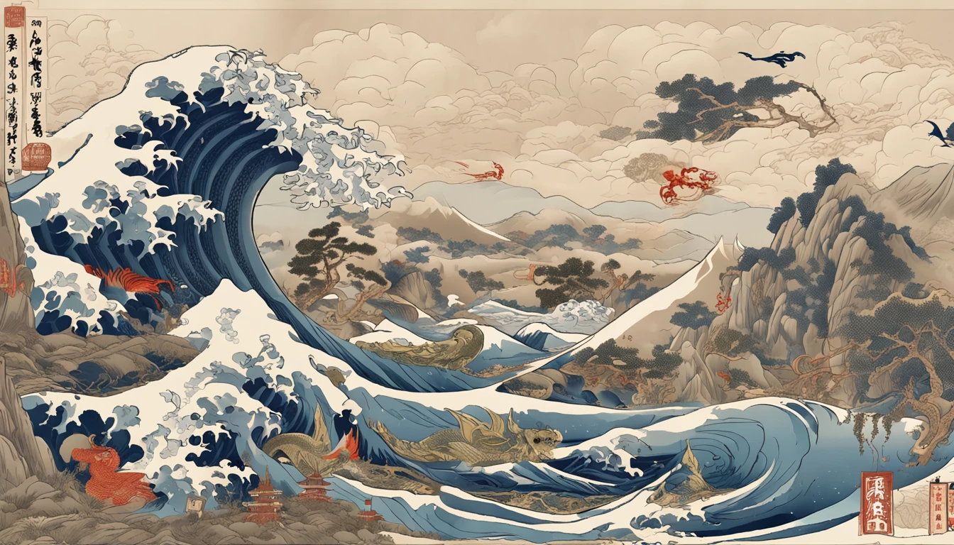 Mountain and Sea Lark Scroll,There are mountains and water in the picture,rios、grassy fields、Sun,Shirasawa、fenghuang、Green Dragon、Xuanwu and many other ancient divine beasts are haunted,Epic composition,shadowing,New Chinese style