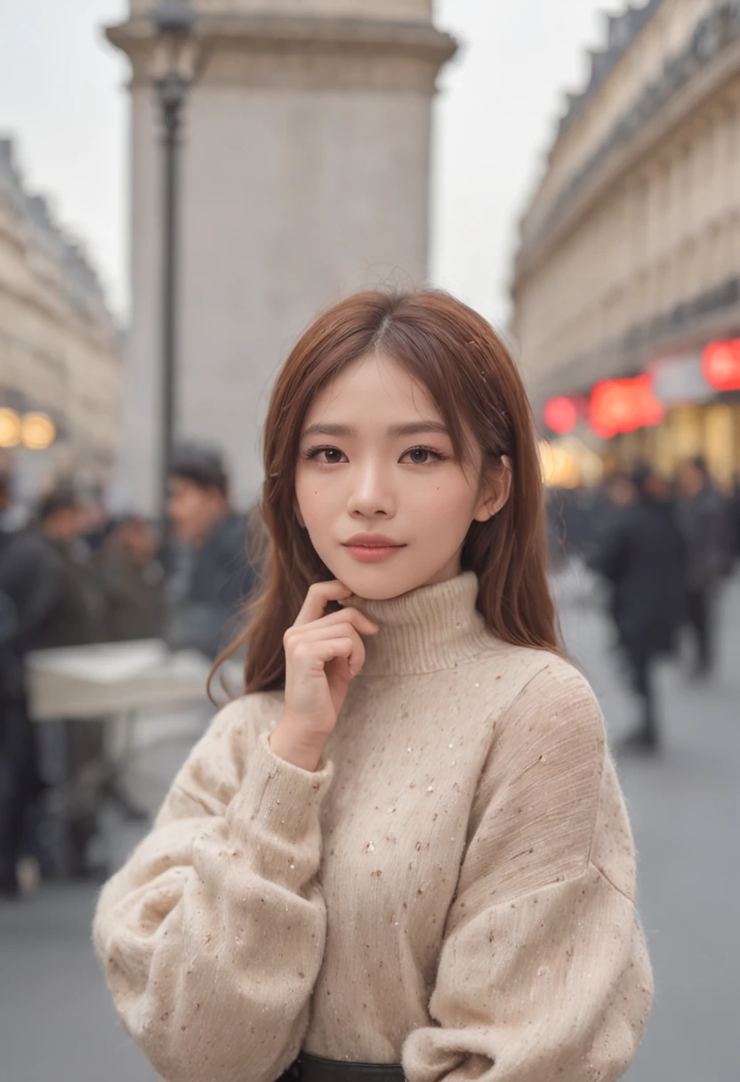 (8K、top-quality、masterpiece:1.2)、 (realisitic、Photorealsitic:1.37)、 ultra-detailliert、DJ Soda、 1 girl in、full body Esbian、Wearing a turtleneck sweater and skinny jeans、Stand in the streets of Paris with the Arc de Triomphe in the background、 cute little、独奏、 Beautiful detailed sky、 (A smile:1.15)、(Mouth closed)、 tiny chest、 beatiful detailed eyes、 (length hair:1.2)、 Floating Hair Novafrog Style、