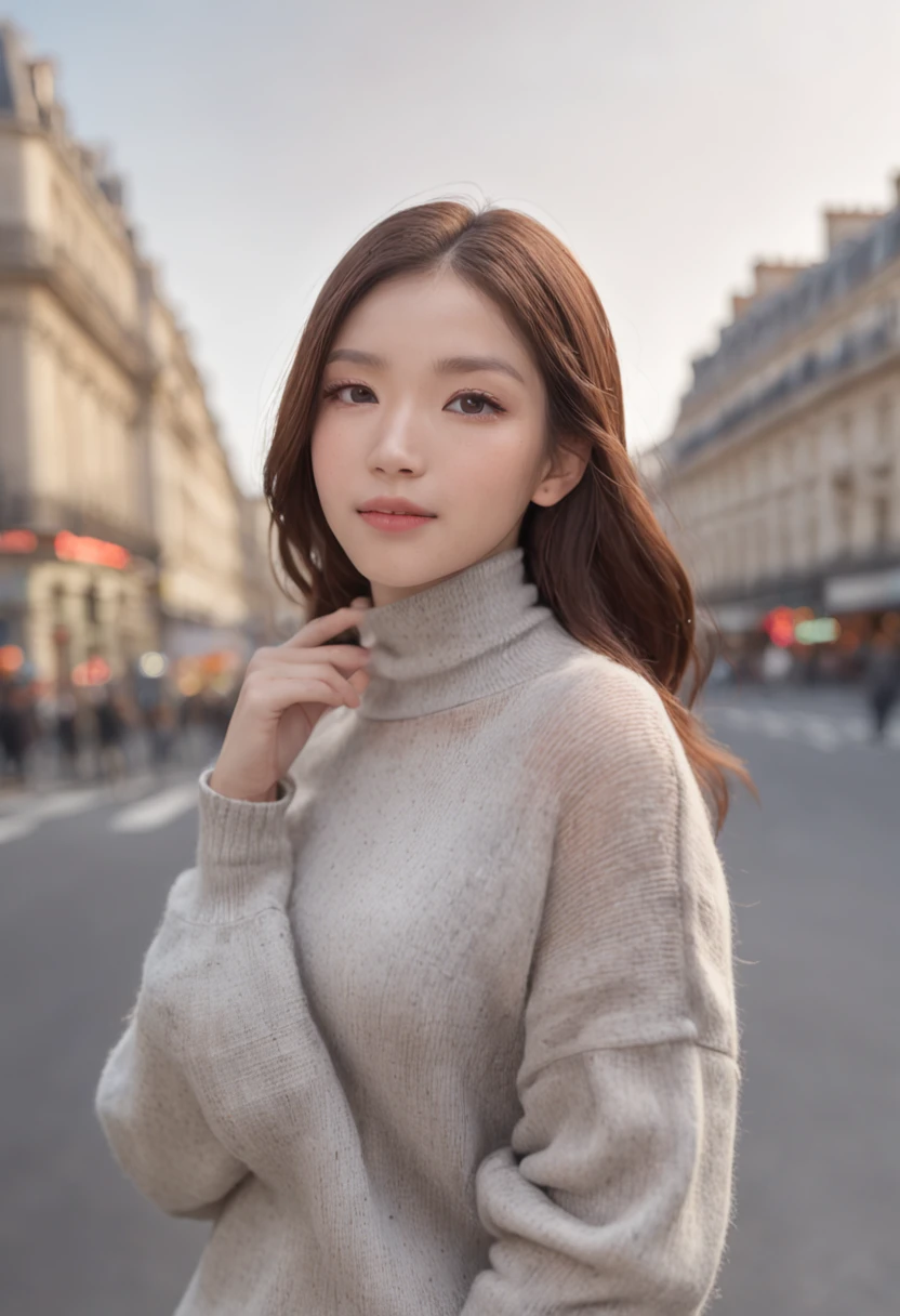 (8K、top-quality、​masterpiece:1.2)、 (realisitic、Photorealsitic:1.37)、 ultra-detailliert、DJ Soda、 1 girl in、full body Esbian、Wearing a turtleneck sweater and skinny jeans、Stand in the streets of Paris with the Arc de Triomphe in the background、 cute little、独奏、 Beautiful detailed sky、 (A smile:1.15)、(Mouth closed)、 tiny chest、 beatiful detailed eyes、 (length hair:1.2)、 Floating Hair Novafrog Style、