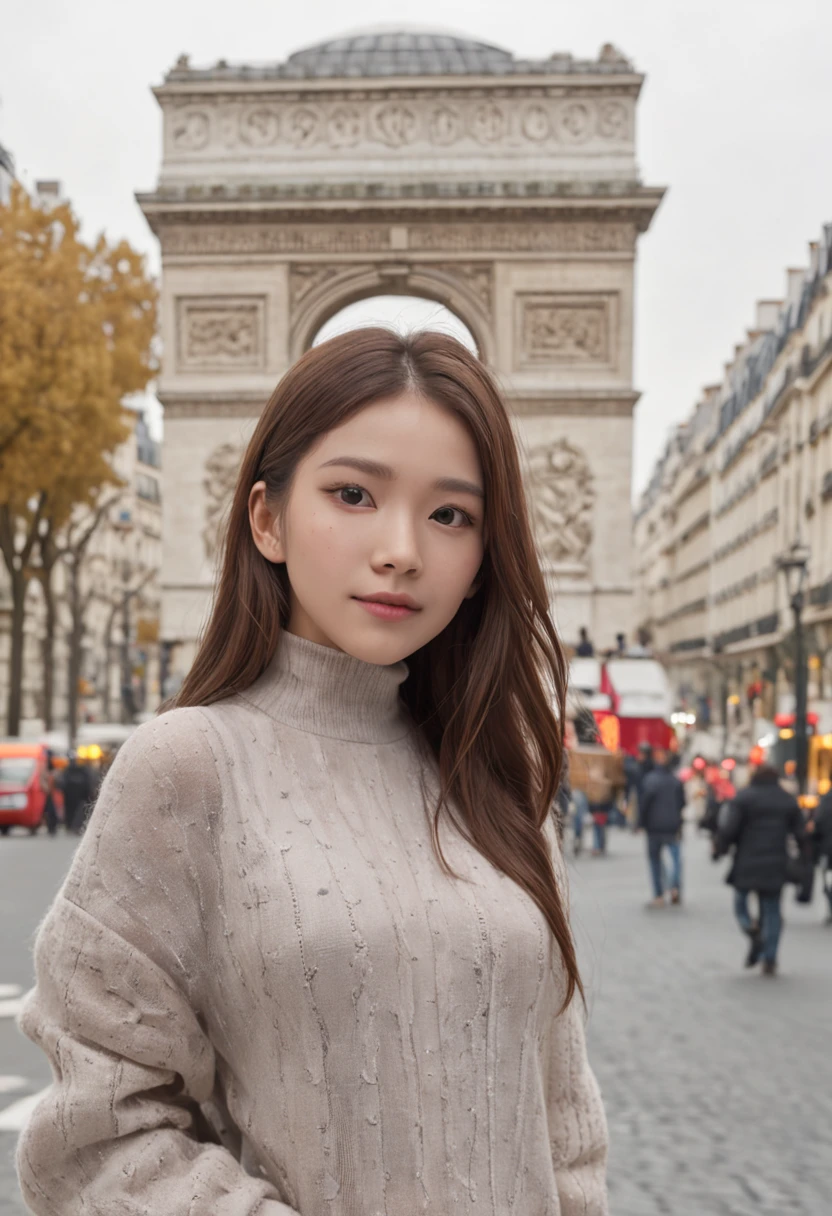 (8K、top-quality、​masterpiece:1.2)、 (realisitic、Photorealsitic:1.37)、 ultra-detailliert、DJ Soda、 1 girl in、full body Esbian、Wearing a turtleneck sweater and skinny jeans、Stand in the streets of Paris with the Arc de Triomphe in the background、 cute little、独奏、 Beautiful detailed sky、 (A smile:1.15)、(Mouth closed)、 tiny chest、 beatiful detailed eyes、 (length hair:1.2)、 Floating Hair Novafrog Style、