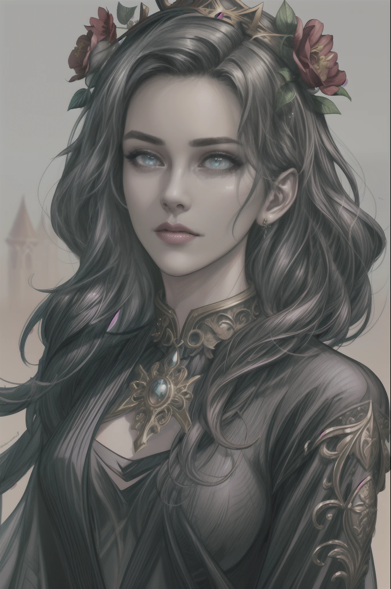 FaeVibes EmoPunkAniComiWearing a black dress，Arad woman wearing a red flower crown, detailed matte fantasy portrait, hyper-detailed fantasy character, cinematic goddess close shot, cgsociety 8 k, cgsociety 8k, cgsociety 8k, stunning cgsociety, cgsociety contest winner, Fantasy art Behance, intricate wlop, cgsociety contest winner!!, CGSesociety )