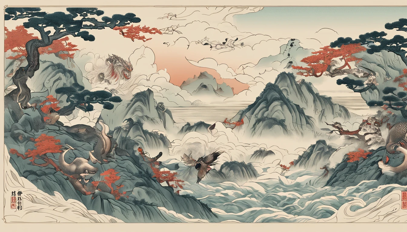 Mountain and Sea Lark Scroll,There are mountains and water in the picture,rios、grassy fields、Sun,Shirasawa、fenghuang、Green Dragon、Xuanwu and many other ancient divine beasts are haunted,Epic composition,shadowing,New Chinese style