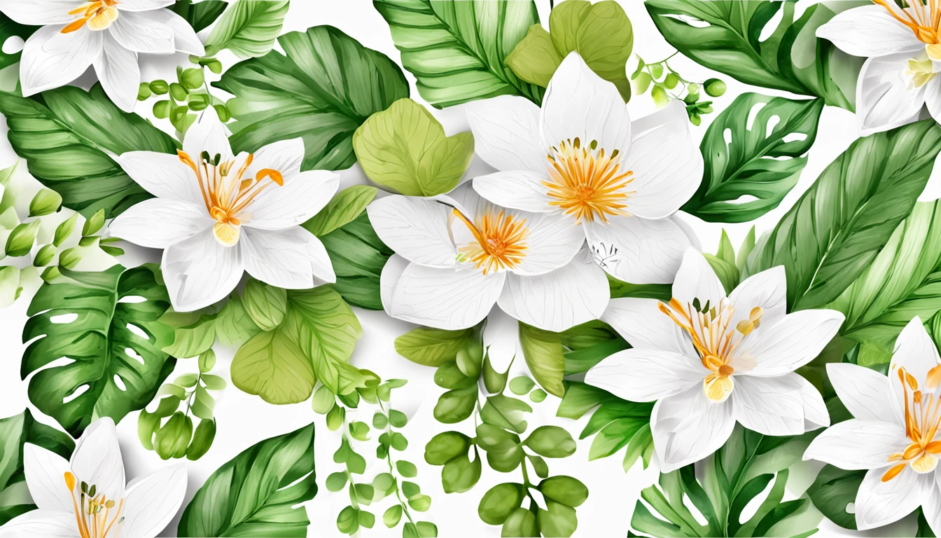 Draw a white flower，Green leaves and rings, background natural flower, made of flowers and leaves, paper quilling, background-image, Flower background, flowers in the background, Flower frame, Jasmine themed banner, iPhone background, botanical background, background artwork, paper art, high quality paper, paper background, phone background, Beautiful image, florest background