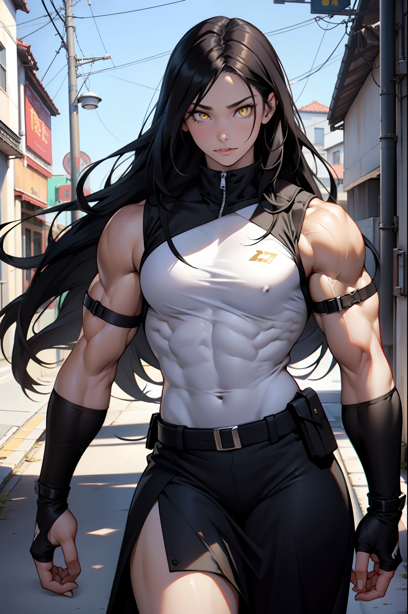 ((((1 girl)))), black hair, yellow eyes, very long hair, ((((muscular)))), tall, pale skin