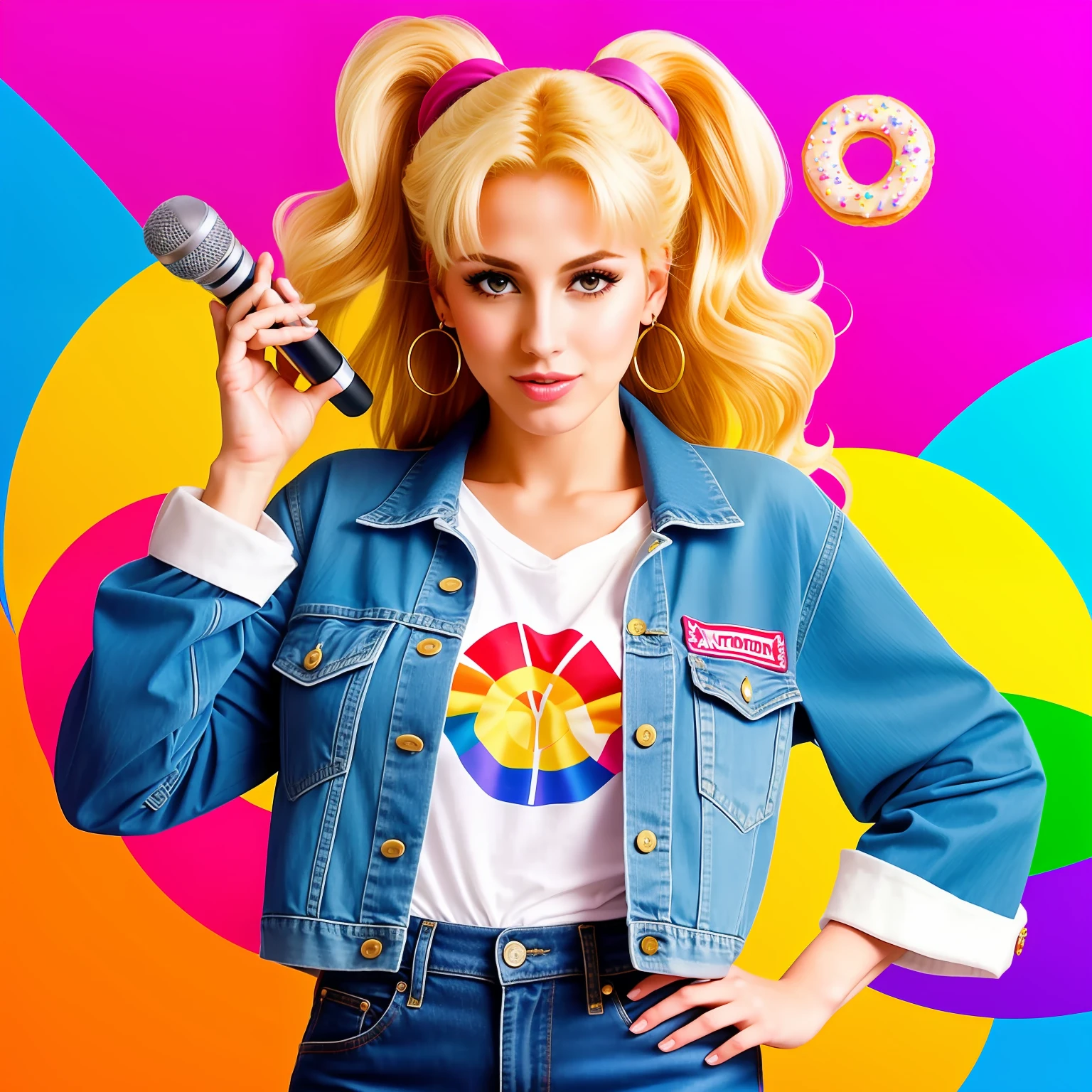 "(Mature and realistic portrayal:1.2) Sailor Moon exuding confidence as she holds a microphone, her blonde hair cascading down, adorned in stylish rainbow denim clothes from the 2000s, with a backdrop filled with donuts."