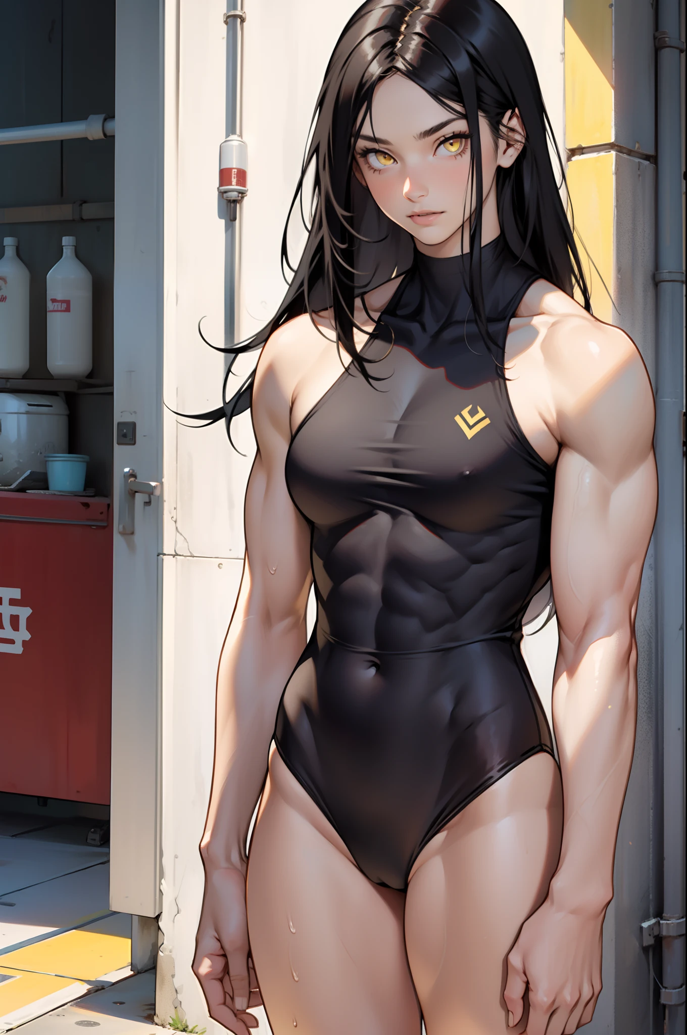 ((((1 girl)))), black hair, yellow eyes, very long hair, ((((muscular)))), tall, pale skin, swimsuit