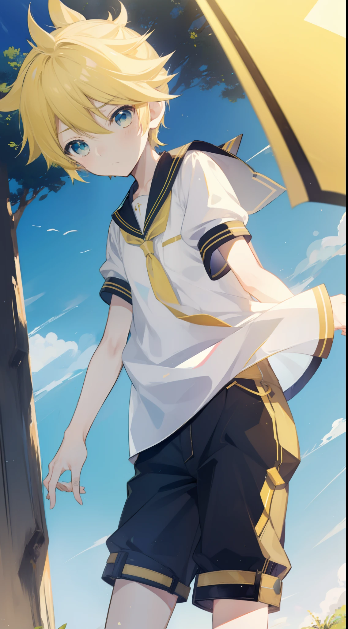 one boy, Len_Kagamine, blond hair, sailor uniform, short pants, cowboy shot, outdoor, embarrassed, look at you