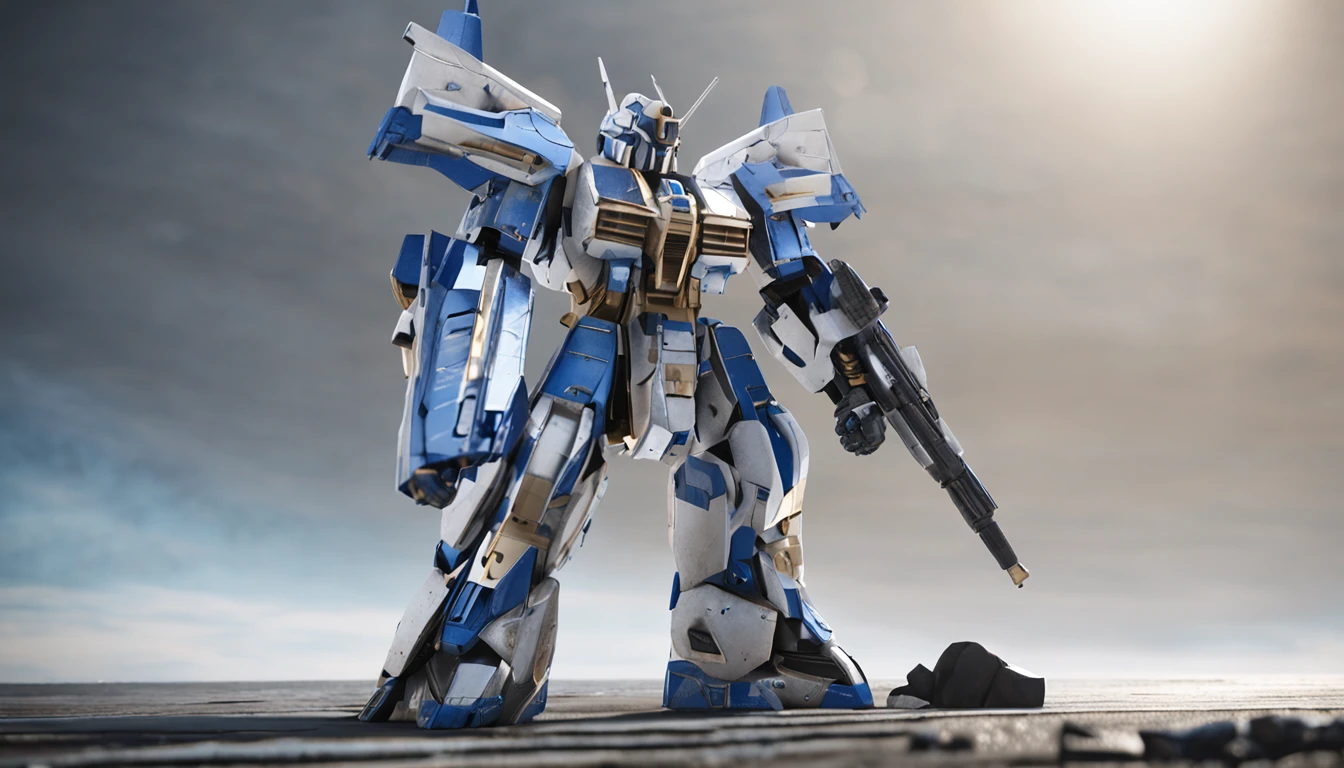 The picture shows white and blue Gundam, The style is very realistic, grandeur of scale, The details are complex, Reflective metallic texture, posing elegantly, rich details​, Cinema 4D textures, High detail，Tall and majestic，With the sky as a background
