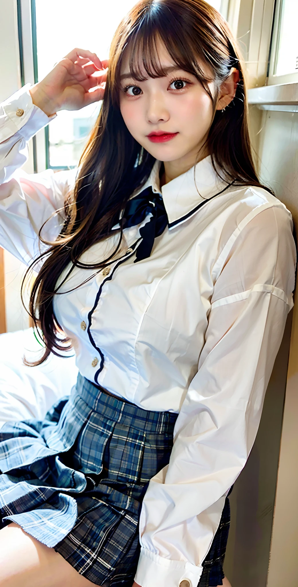 ulzzang-6500-v1.1, (Raw photo:1.2), (Photorealism), Beautiful detailed girl, Very detailed eyes and face, Beautiful detailed eyes, Huge file size, (Big), High Resolution, Very detailed, Best quality, [Masterpiece:1.6], [JK Uniform], Illustration, Very detailed, CG, Fine detail, Best quality, Very detailed CG uniform 8k wallpaper, Movie Lighting, 1 girl, , cute Japan high school girl, perfect figure, [wearing white school blouse unbuttoned], large taut breasts, [huge breasts, heavy breasts, H cup: 1.8], cute drooping eyes, beautiful big eyes, white school blouse, bra, sweaty and wet, [sexual arousal: 1.1], lying in bed: 1.5], hands raised, School uniform ribbon around neck, smile, (the whole body is wet), shining eyes
