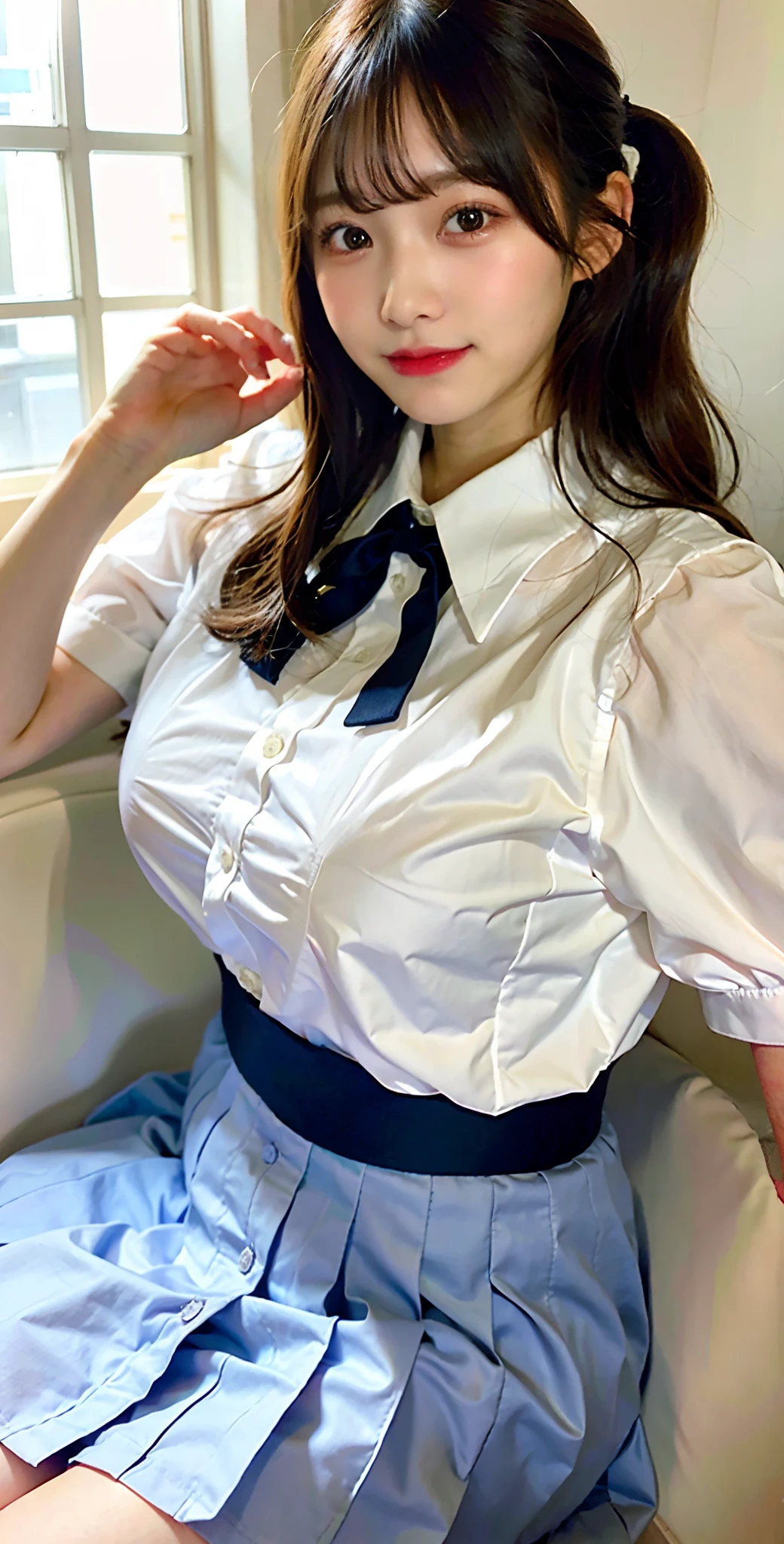 ulzzang -6500-v1.1, (Raw foto:1.2), (Photorealsitic), a beautiful detailed girl, extremely detailed eye and face, Beautiful detailed eyes, huge filesize,  hight resolution, ighly detailed, of the highest quality, [​masterpiece:1.6], [JK school uniform], illustratio, finely detail, of the highest quality, 8k wallpaper, Cinematographic lighting, 1girl in、17 age、Cute Japan high school girl、perfect body type、[Unbutton a white school blouse、The bra is visible、Japan schoolgirl uniform]、[huge-breasted、heavy breasts、H-cup:1.9]、Beautiful big eyes、Sweat all over the body、[sexual excitement:1.1]、[lyin in bed:1.5]、Raise both hands、School uniform ribbon around neck、A slight smile、Light in the eyes、Put your head on the pillow、Button open、(Twin-tailed)、laying on back、School uniform skirt、White blouse with open buttons、bra very、No jacket