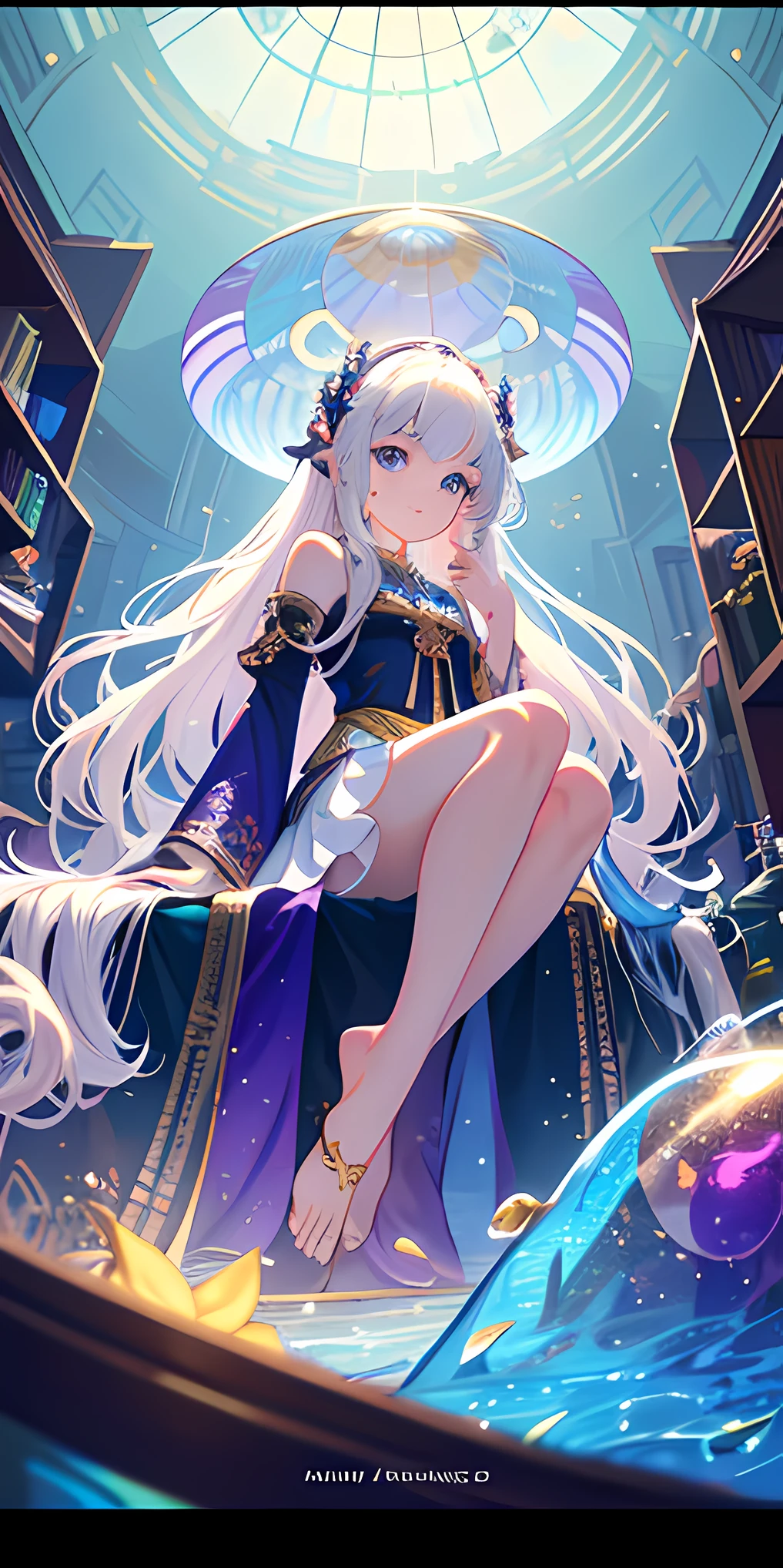 [(Transparent background:1.5)::5],(((Masterpiece))),(((Best quality))),(((Extremely detailed))),illustration, 1girll,Solo,mysterious,vivd colour,Shiny, Underwater transparent sealed hemispherical glass dome, (White hair),(Purple eyes), full bodyesbian,Barefoot,Long hair tranquility nature, Koi,Underwater, Dome,Close up,Dynamic actions,Lens perspective,(((Box composition))),sitting cross-legged，Leaning against the bookshelf, voluminetric lighting, multi colored eyes, Detailed eyes, ultra - detailed,Light smile, Highly detailed, Beautiful, small detailed, Ultra detailed, Best quality, Intricate, 4K, 8K, trending on artstationh, Good anatomy, Beautiful lighting, Award-winning,