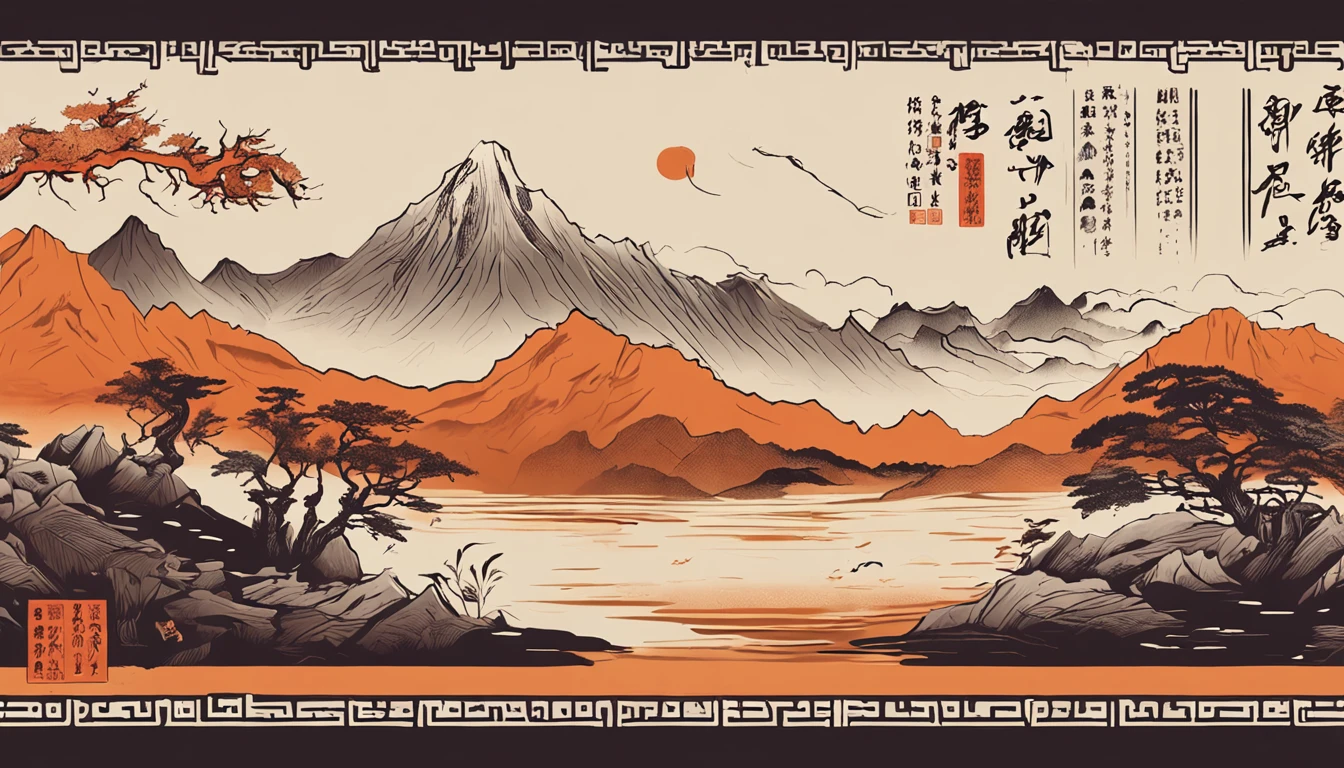 Mountain and Sea Lark Scroll，There are mountains and water in the picture，rios、grassy fields、Sun，Shirasawa、fenghuang、Green Dragon、Xuanwu and many other ancient divine beasts are haunted，Epic composition，shadowing，National style，orange tint