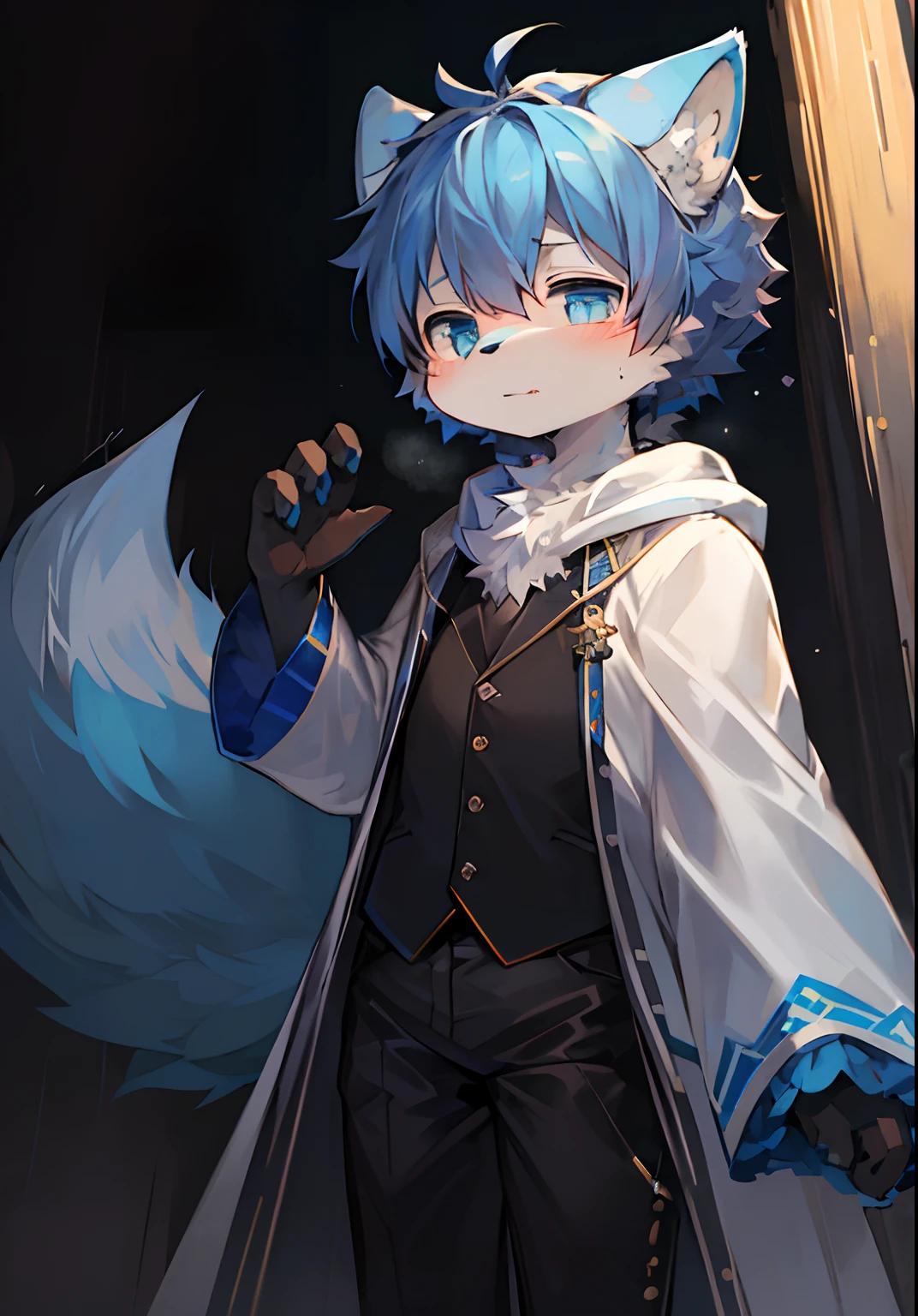 ambiente dark:0.8),Masterpiece,High quality,abstract res,Digital painting\(artwork of a\), by Dagasi, Yupa,Kiyosan,(anthro,Fluffy fur,Character focus:1.1),anthro male cat,Short hair,Portrait , eyes with brightness, in a panoramic view, Character focus.(detailedbackground:0.7), 独奏, shaggy, shaggy male, malefocus, ,(Full Body Furry, Fluffy tail, Blue-white fur, ,blue color eyes, dark-blue hair:1.2), (long canines,White cloak,Black pantsuit