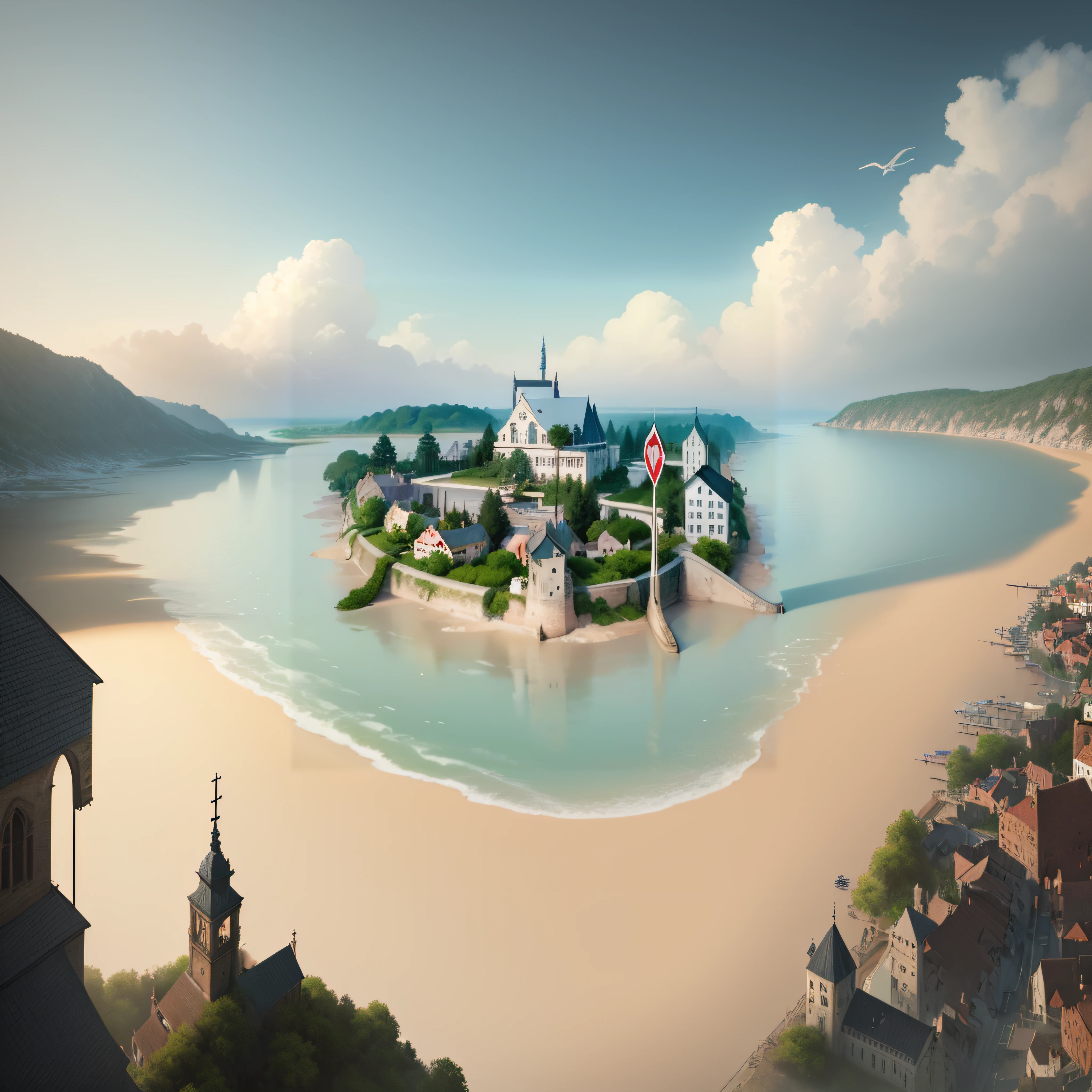 There is an island，There is a church above, renaissance port city background, author：Krzysztof Boguszewski, Guviz-style artwork, Illustration matte painting, realistic photo of a town, author：Emmanuel Boucher, author：Ulrich Lehmann, Inspired by Gediminas Plankevichus, medieval coastal village