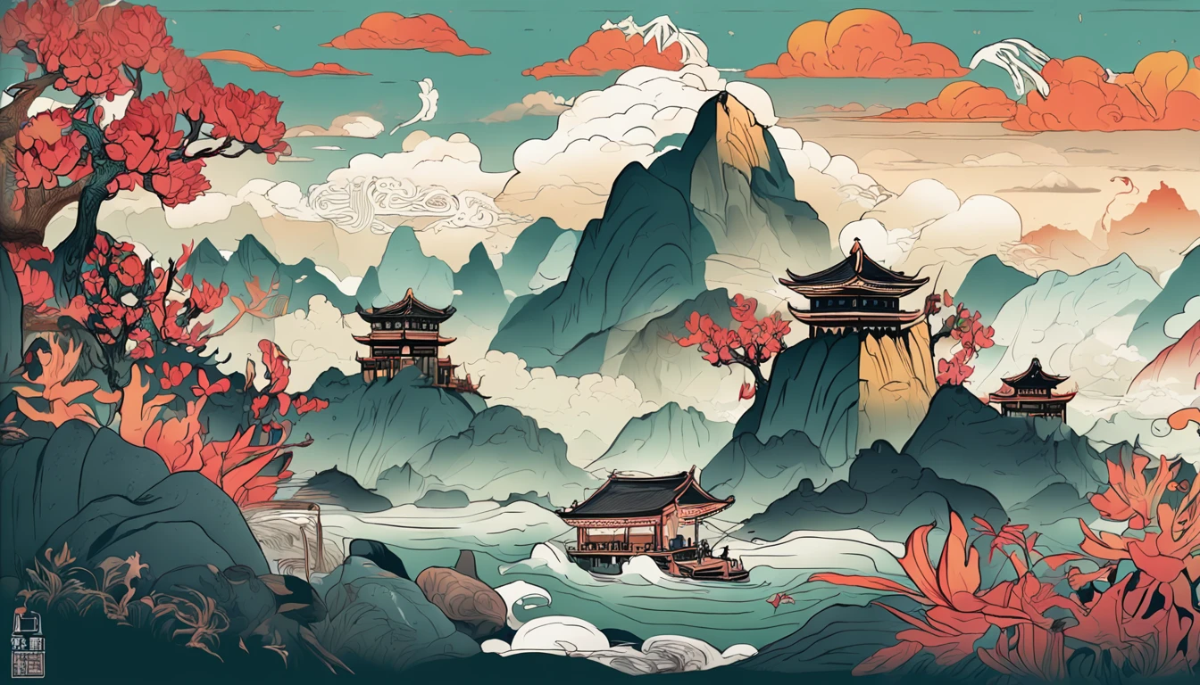 Mountain and Sea Lark Scroll，There are mountains and water in the picture，rios、grassy fields、Sun，Shirasawa、fenghuang、Green Dragon、Xuanwu and many other ancient divine beasts are haunted，Epic composition，shadowing，National style，Light yellow tones