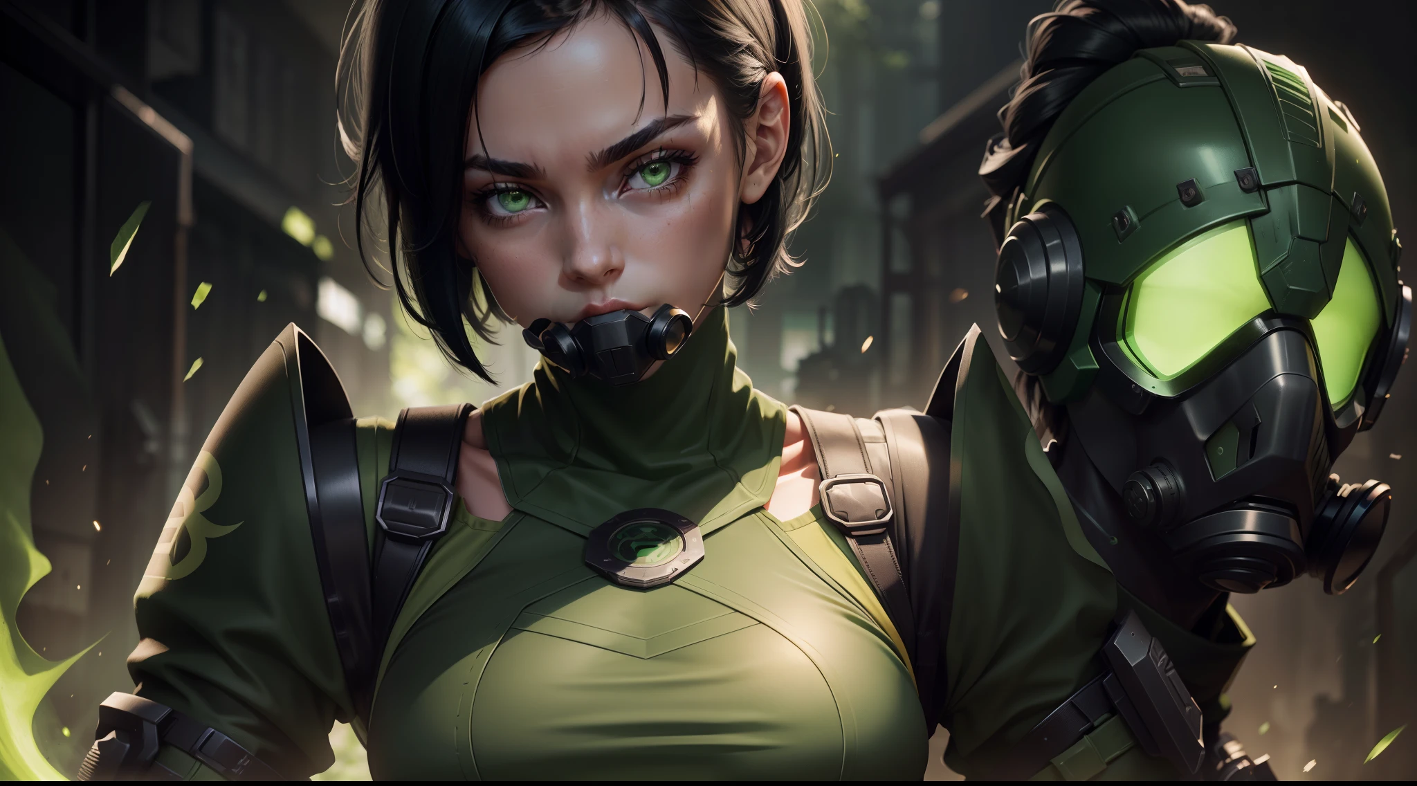 focused upper body, 1girl, green battle outfit, sparkling green eyes, wearing gas mask, short black hair, poison lab background, intricate detail, 8k resolution, masterpiece, 8k resolution photorealistic masterpiece, professional photography, natural lighting, detailed texture,