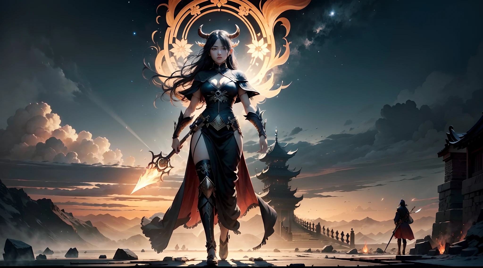 In this super grand scene,The wide-angle lens captures a striking picture。Two figures stand at opposite ends of the picture,The background is the collapse of heaven and earth,The lying corpses of the Heavenly Immortal Buddhas were as large as mountains, stretching across the void boundlessly,The golden sea of blood stretched to the sky,The Avenue of the Three Realms was broken,And in the boundless chaotic darkness。Above all,The figure of the weaver girl is graceful,Stand at this dark end,Like a blazing flame in the night,Like the goddess of darkness in a fairyland,Her presence exudes a majestic and majestic evil aura。She holds the Pauline lamp in her left hand,This is an artifact that symbolizes life and guardianship,The gentle glow of the lamp illuminates the cowherd,The right hand holds the heaven-opening axe,It was an ancient artifact that opened the world,The lines on the blade of the axe reveal ancient authority。There was fanaticism and determination in her eyes,As if a warrior in the dark,Do whatever it takes for some kind of goal,It seems to be an existence with endless wisdom。And across from her,It was the cowherd wearing a black robe,The black and yellow giant bull's head shadow stood behind him。This black scalper is huge,Carrying heavy history and strength。Its horns shone with a grim glow,It symbolizes an unshakable and firm will。His gaze is deep and powerful,As if it can penetrate the darkness,Find the light of hope。His battle robe fluttered in the wind,Reveals his bravery and determination。In front of it all,A thousand-square-foot high Magpie Bridge spans the void,Connecting darkness and light,It is a bridge beyond time and space built by countless hopes and loves incarnated as magpies。The Magpie Bridge emits a starry river,Like the last light between heaven and earth,A glimmer of hope for a world shrouded in destruction and darkness。The cowherd and the blackened seven fairies looked at each other and laughed,The eyes are full of tacit understanding and
