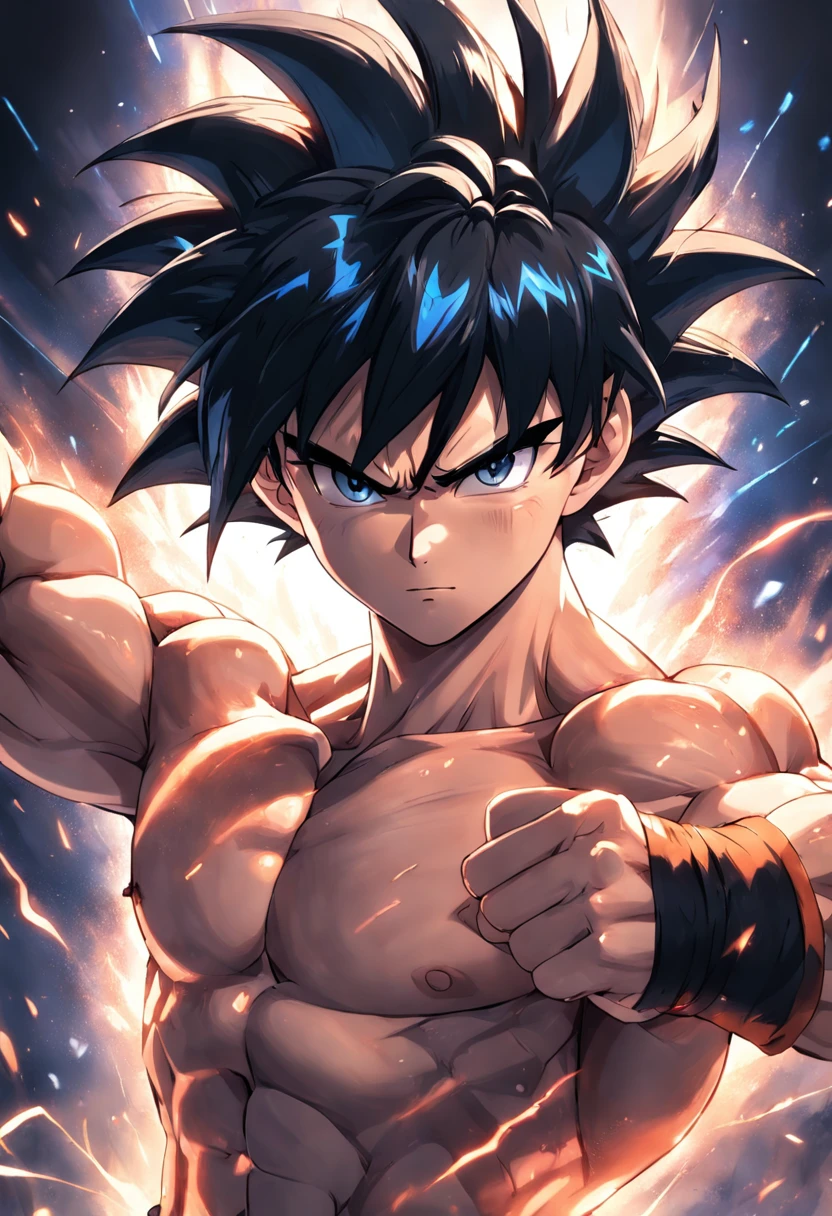 son goku, 1boy, backlighting, black eyes, black hair, blue wristband, closed mouth, dougi, hair strand, hands up, light particles, looking at viewer, male focus, muscular, muscular male, pectorals, smile, solo, spiked hair, upper body, wristband, ((masterpiece))