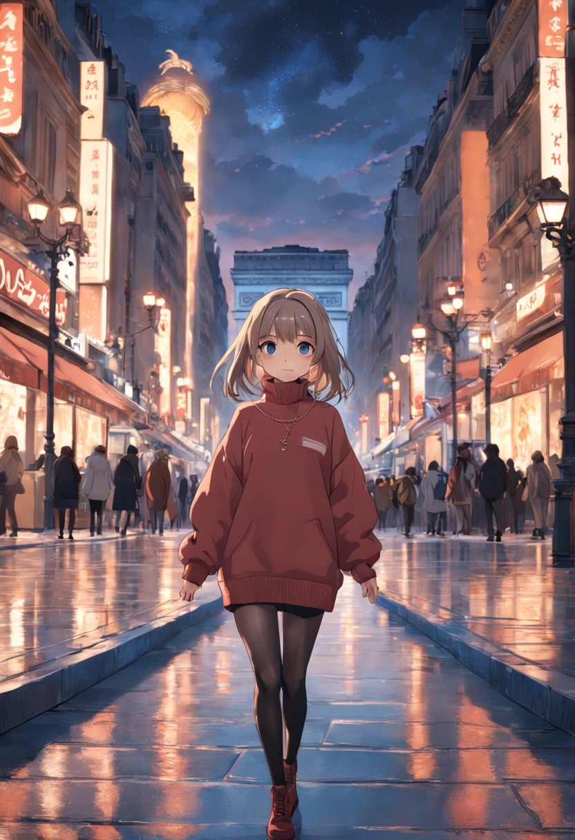 (8K、top-quality、masterpiece:1.2)、 (realisitic、Photorealsitic:1.37)、 ultra-detailliert、DJ Soda、 1 girl in、full body Esbian、Wearing a turtleneck sweater and skinny jeans、Stand in the streets of Paris with the Arc de Triomphe in the background、 cute little、独奏、 Beautiful detailed sky、 (A smile:1.15)、(Mouth closed)、 tiny chest、 beatiful detailed eyes、 (length hair:1.2)、 Floating Hair Novafrog Style、