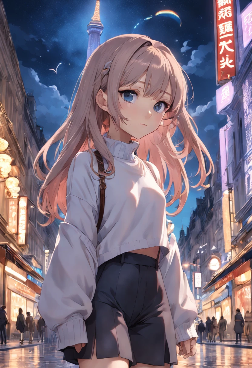 (8K、top-quality、masterpiece:1.2)、 (realisitic、Photorealsitic:1.37)、 ultra-detailliert、DJ Soda、 1 girl in、full body Esbian、Wearing a turtleneck sweater and skinny jeans、Stand in the streets of Paris with the Arc de Triomphe in the background、 cute little、独奏、 Beautiful detailed sky、 (A smile:1.15)、(Mouth closed)、 tiny chest、 beatiful detailed eyes、 (length hair:1.2)、 Floating Hair Novafrog Style、
