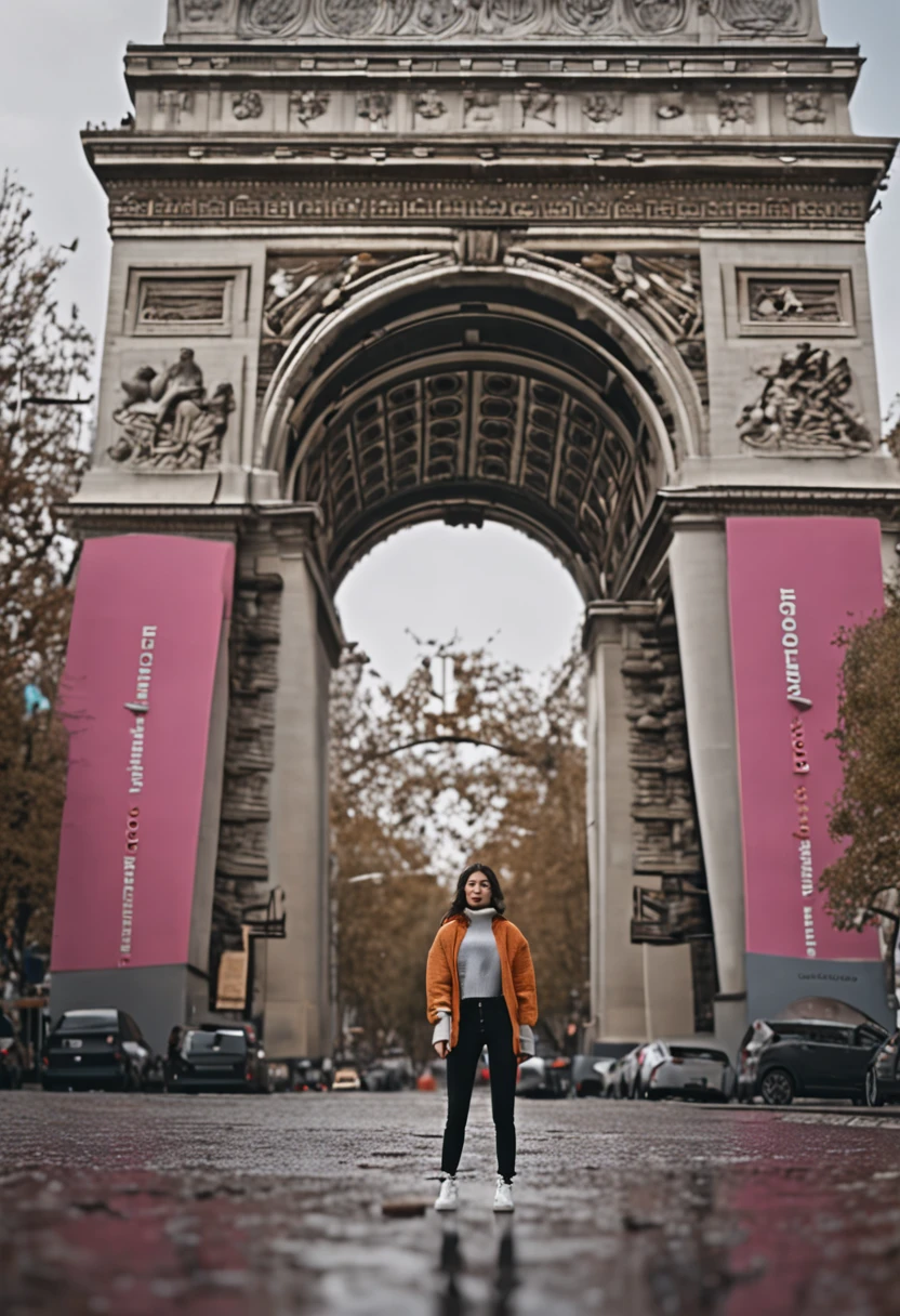 (8K、top-quality、masterpiece:1.2)、 (realisitic、Photorealsitic:1.37)、 ultra-detailliert、DJ Soda、 1 girl in、full body Esbian、Wearing a turtleneck sweater and skinny jeans、Stand in the streets of Paris with the Arc de Triomphe in the background、 cute little、独奏、 Beautiful detailed sky、 (A smile:1.15)、(Mouth closed)、 tiny chest、 beatiful detailed eyes、 (length hair:1.2)、 Floating Hair Novafrog Style、