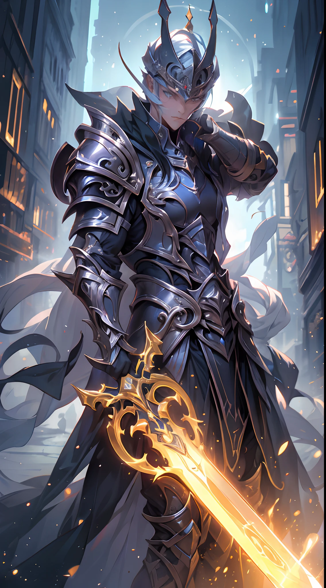 "An awesome paladin wields a sword full of light, Exudes powerful light magic. The setting is set in a dark and mysterious cityscape, Illuminated by the light of the Paladin's Sword. The composition is professionally crafted, Amazing attention to detail and cinematic lighting. The overall aesthetic is reminiscent of Fujifilm photography, Capture the beauty and depth of the scene."