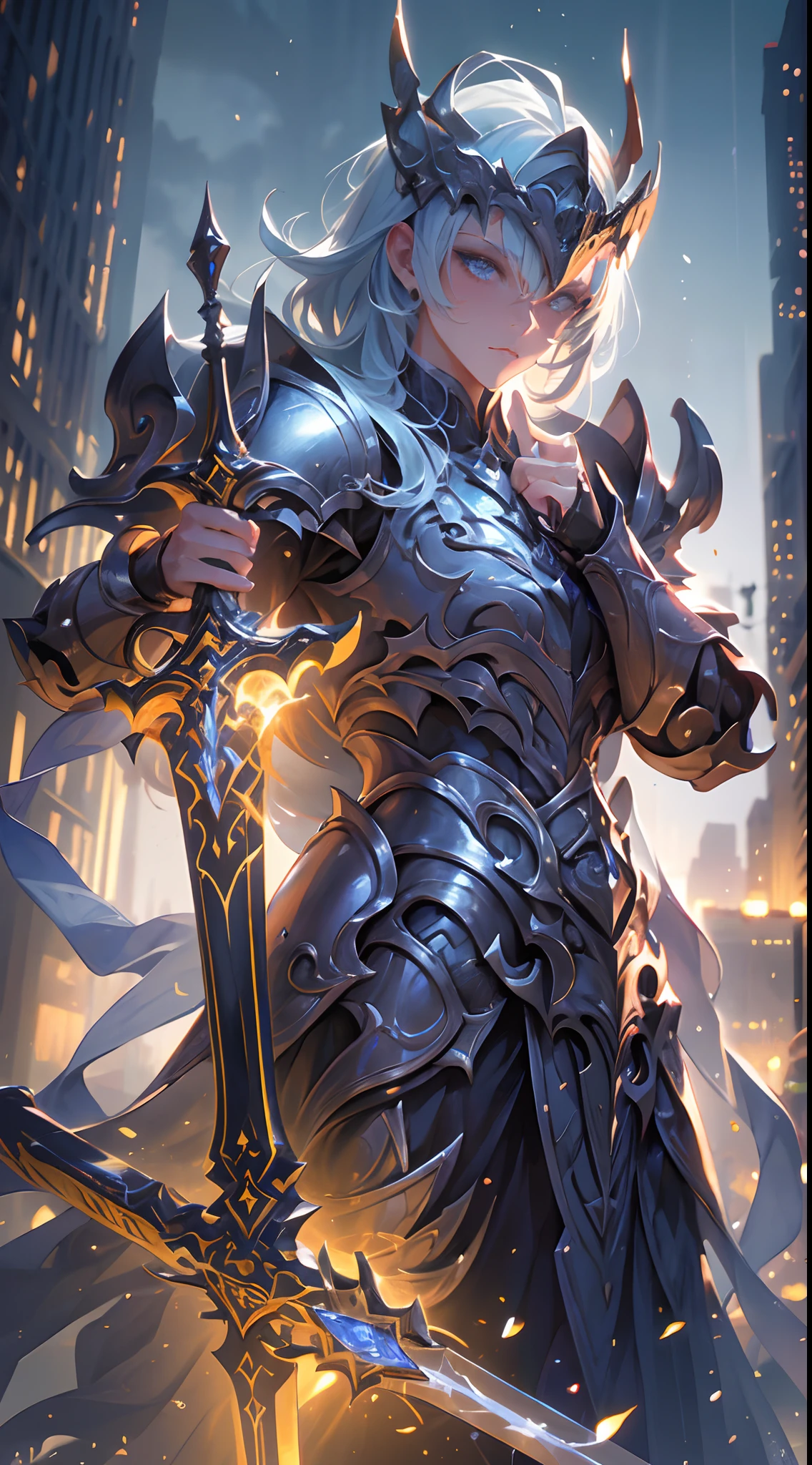 "An awesome paladin wields a sword full of light, Exudes powerful light magic. The setting is set in a dark and mysterious cityscape, Illuminated by the light of the Paladin's Sword. The composition is professionally crafted, Amazing attention to detail and cinematic lighting. The overall aesthetic is reminiscent of Fujifilm photography, Capture the beauty and depth of the scene."