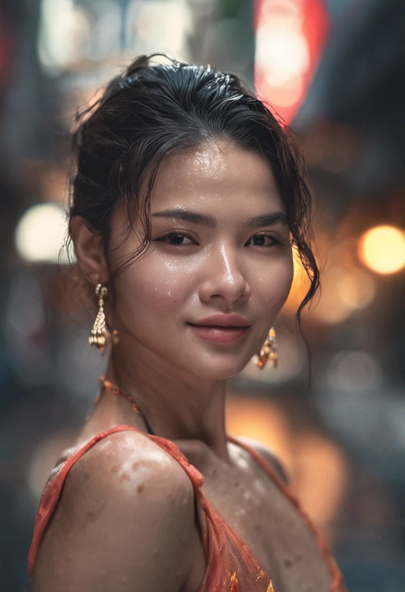 ((Best Quality, 8K, Masterpiece:1.3)), Focus: 1.2, Perfect Body Beauty: 1.4, Buttocks: 1.2, ((Layered Haircut, Breasts: 1.2)), (Wet Clothes: 1.1), (Rain, Street:1.3), Bandeau Dress: 1.1, Highly Detailed Face and Skin Texture, Fine Eyes, Double Eyelids, Whitening Skin, Long Hair, (Shut Up: 1.3), Smile