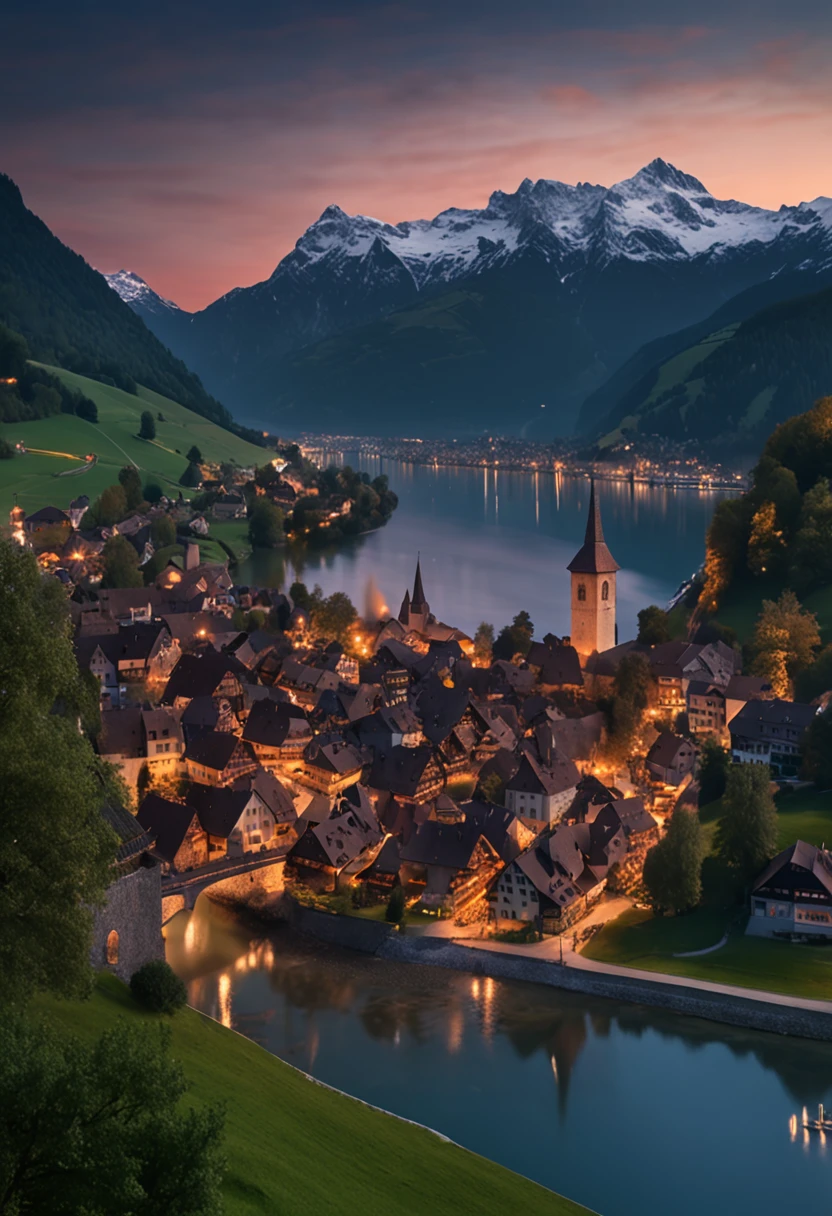 Switzerland STEIN AM RHEIN with its imposing mountains and charming village illuminated at night, in ultra-detailed and realistic 8K resolution. Plan moyen large vue du balcon ."