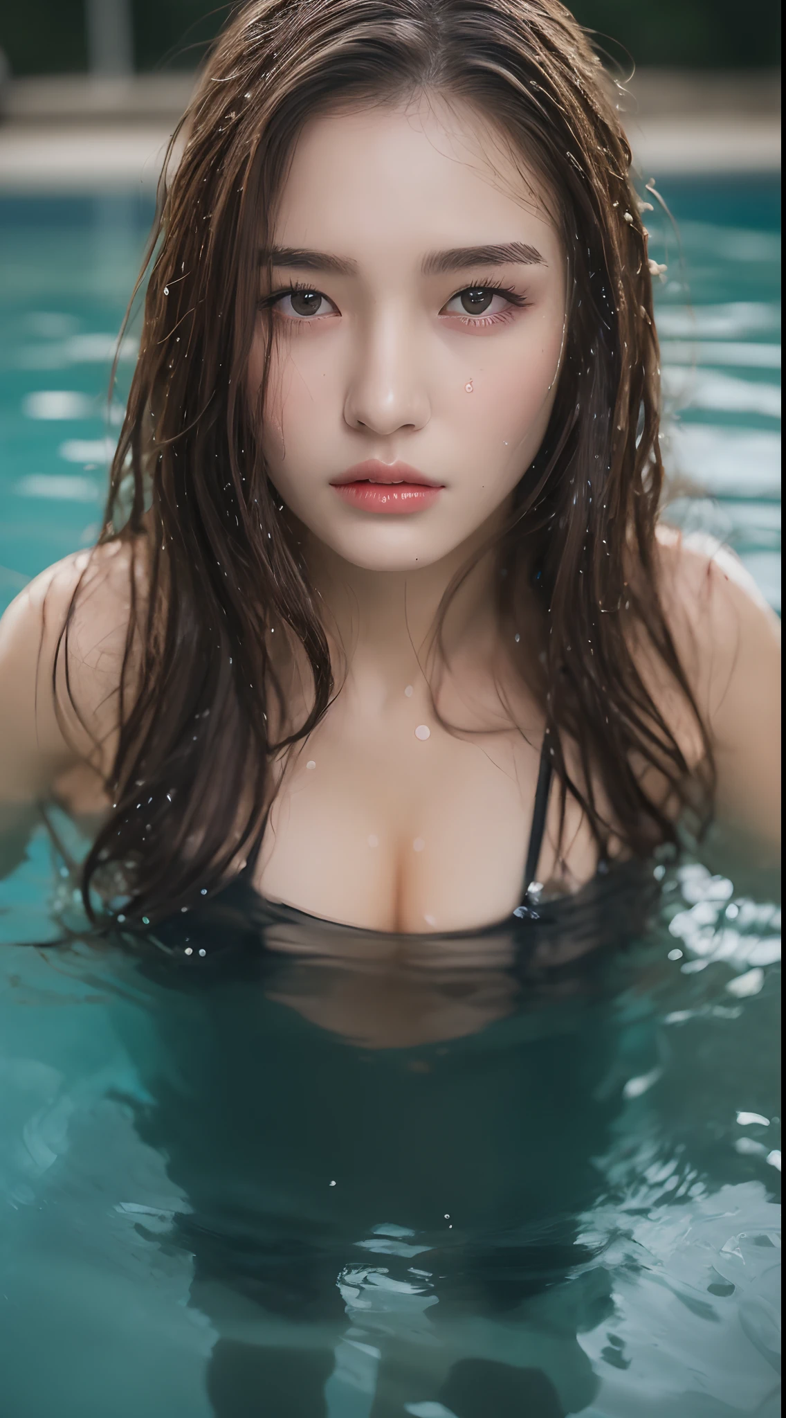 (Best quality, 4k, Masterpiece :1.3), pretty woman, 1girl, sexy :1.1, dark brown hair: 1.1, (river, wet body :1.2), sexy black tank tops, ultra-detailed face, detailed lips, detailed eyes, double eyelid